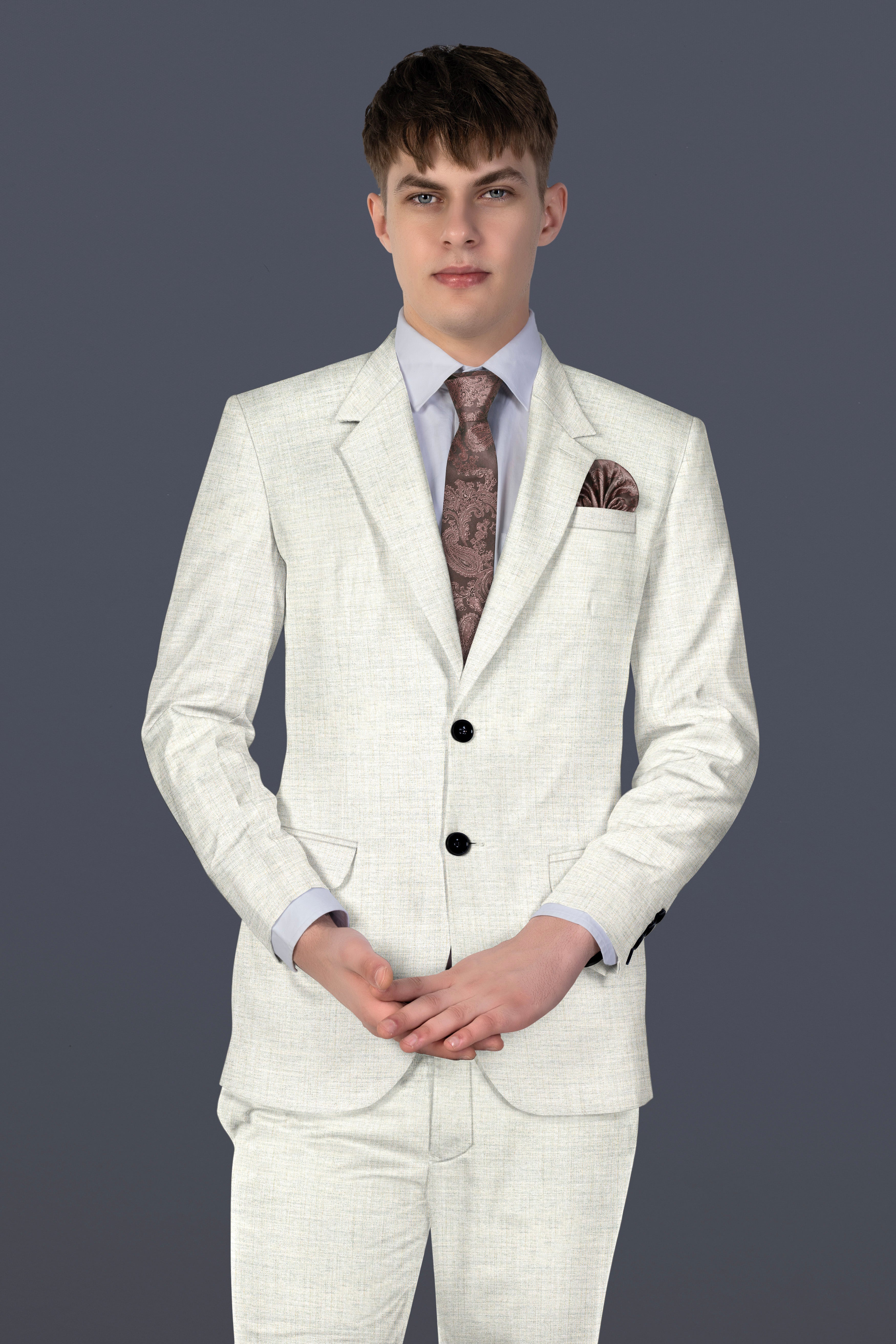 Spanish Gray Textured Wool Blend Single Breasted Suit