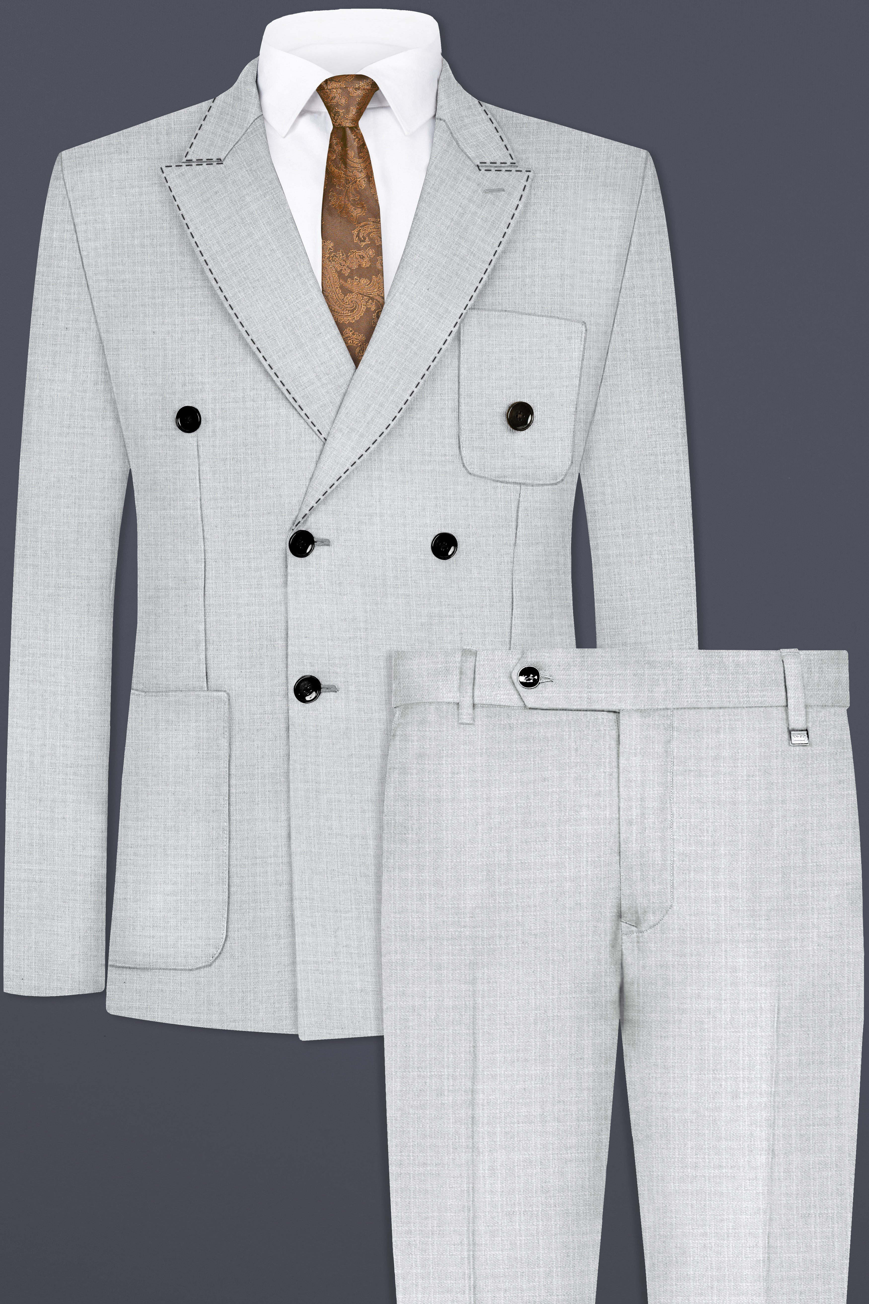 Pastel Gray Textured Wool Blend Double Breasted Sports Suit