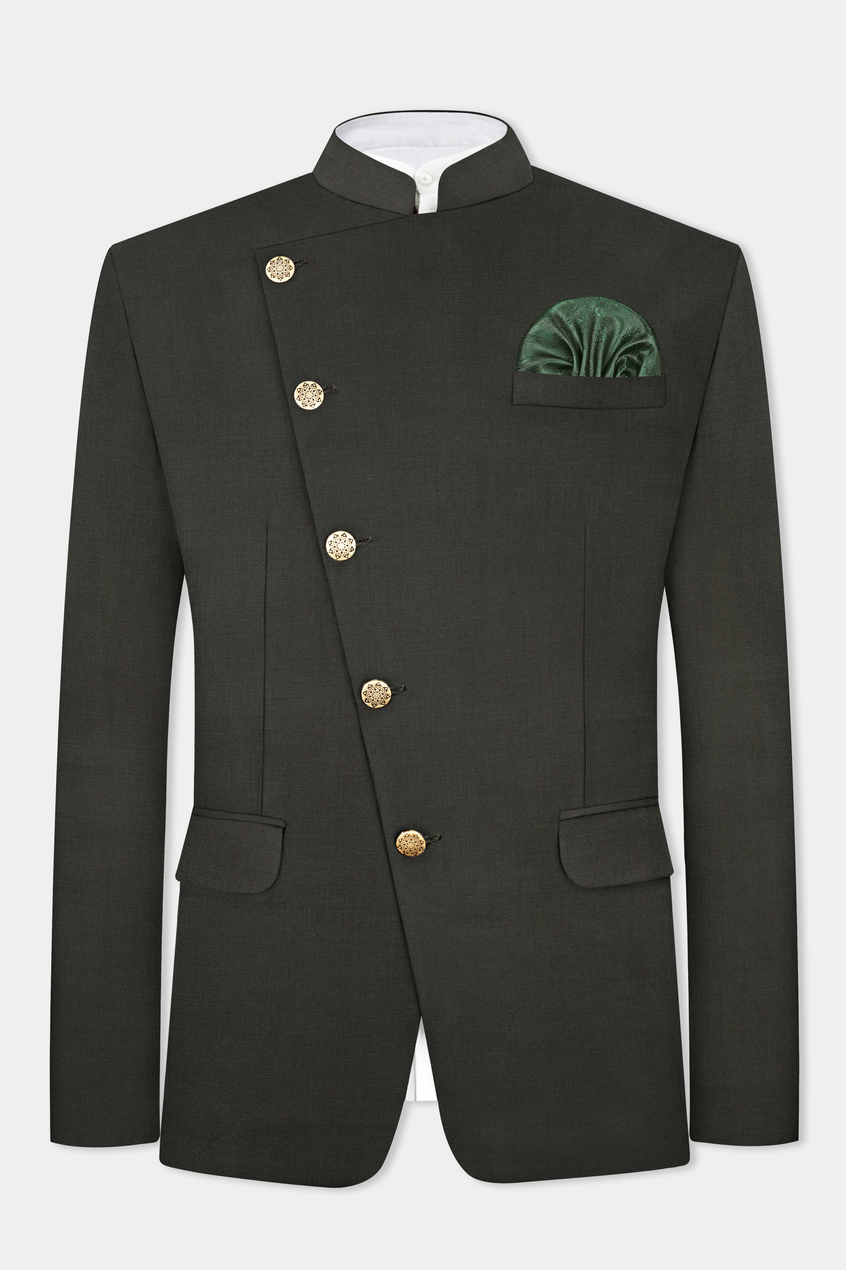 Rangoon Green Wool Blend Cross Placket Bandhgala Suit