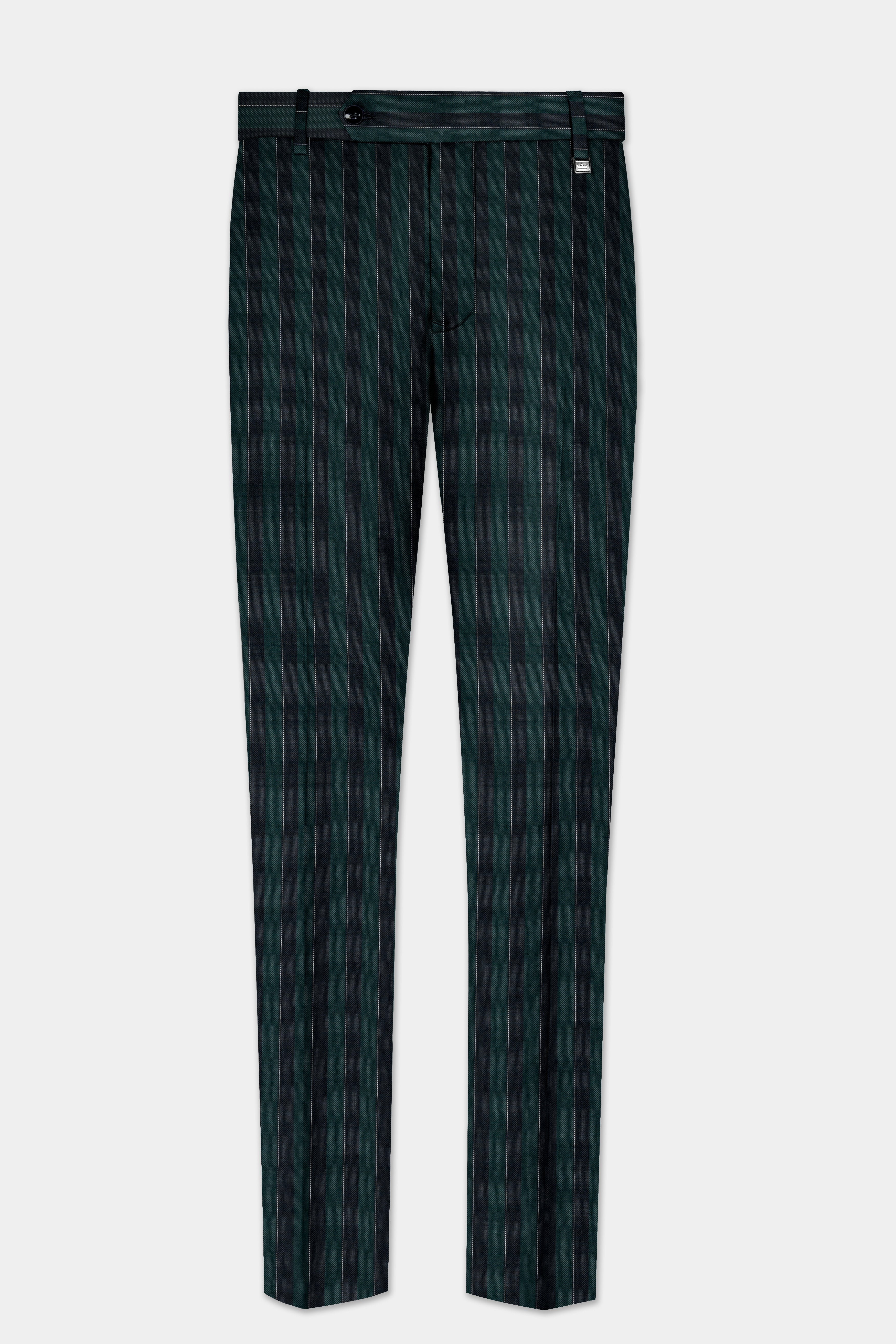 Timber Green With Bunker Black Striped Wool Blend Cross Placket Bandhgala Suit