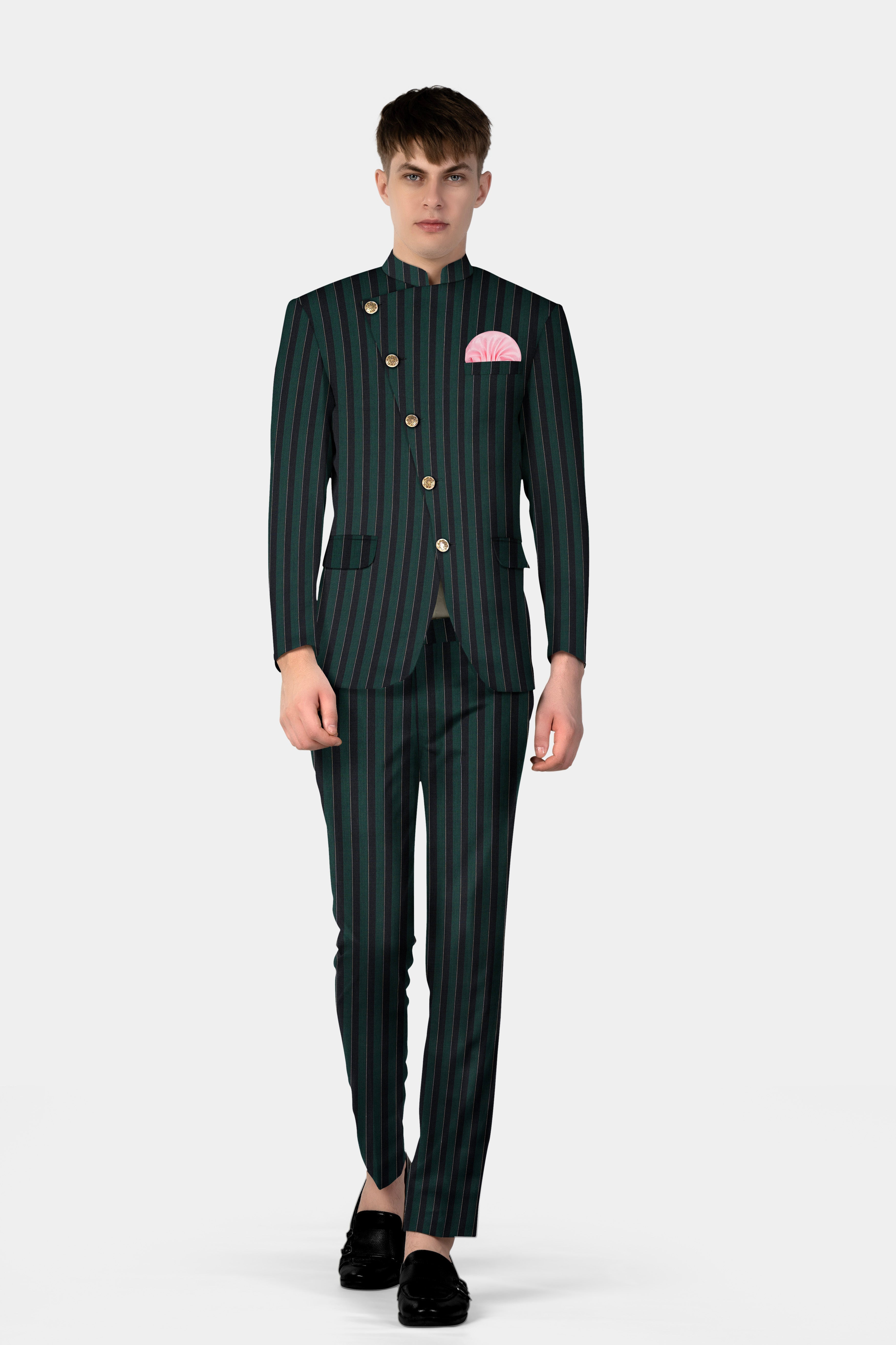 Timber Green With Bunker Black Striped Wool Blend Cross Placket Bandhgala Suit