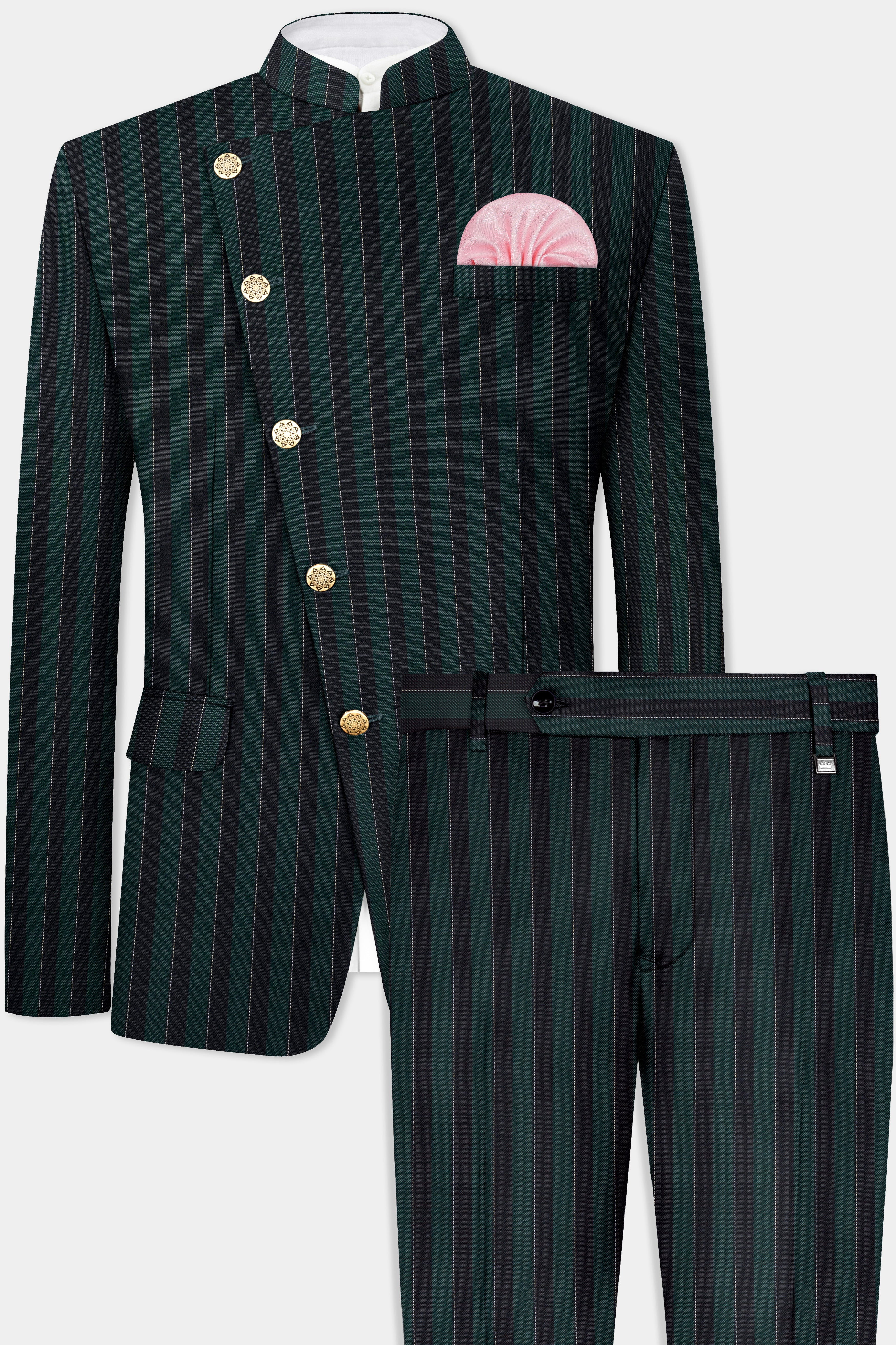 Timber Green With Bunker Black Striped Wool Blend Cross Placket Bandhgala Suit