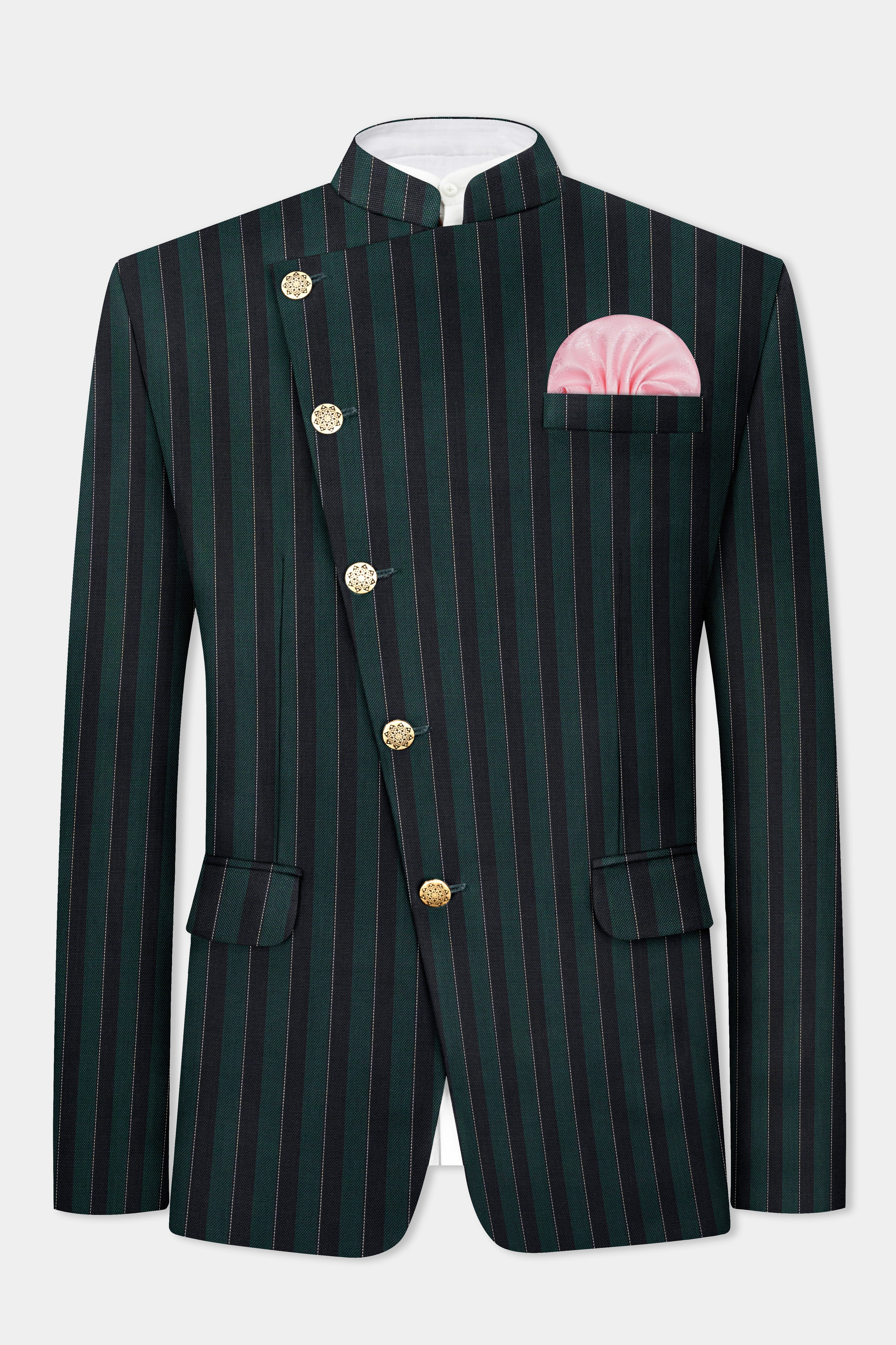 Timber Green With Bunker Black Striped Wool Blend Cross Placket Bandhgala Suit