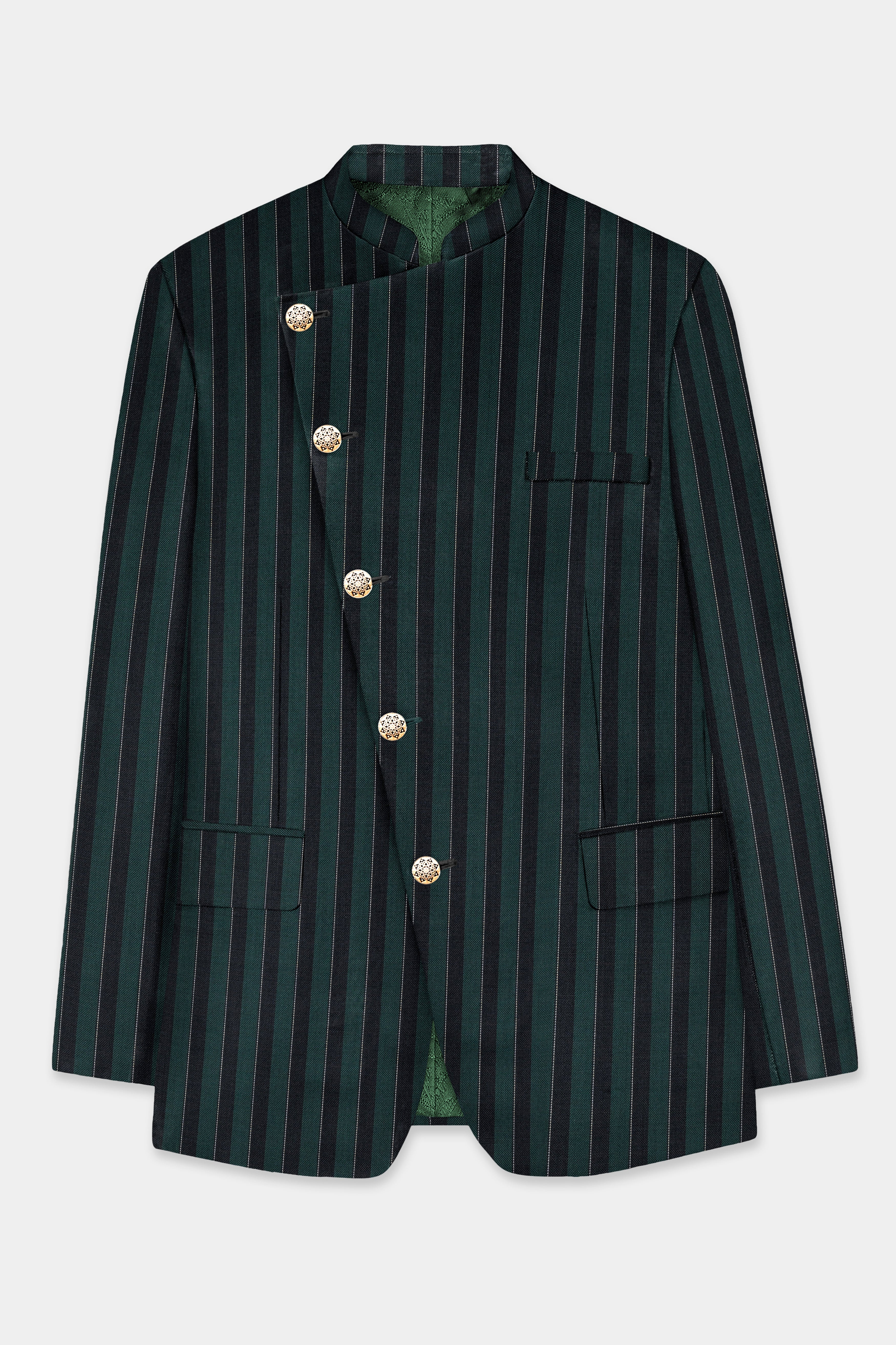 Timber Green With Bunker Black Striped Wool Blend Cross Placket Bandhgala Suit