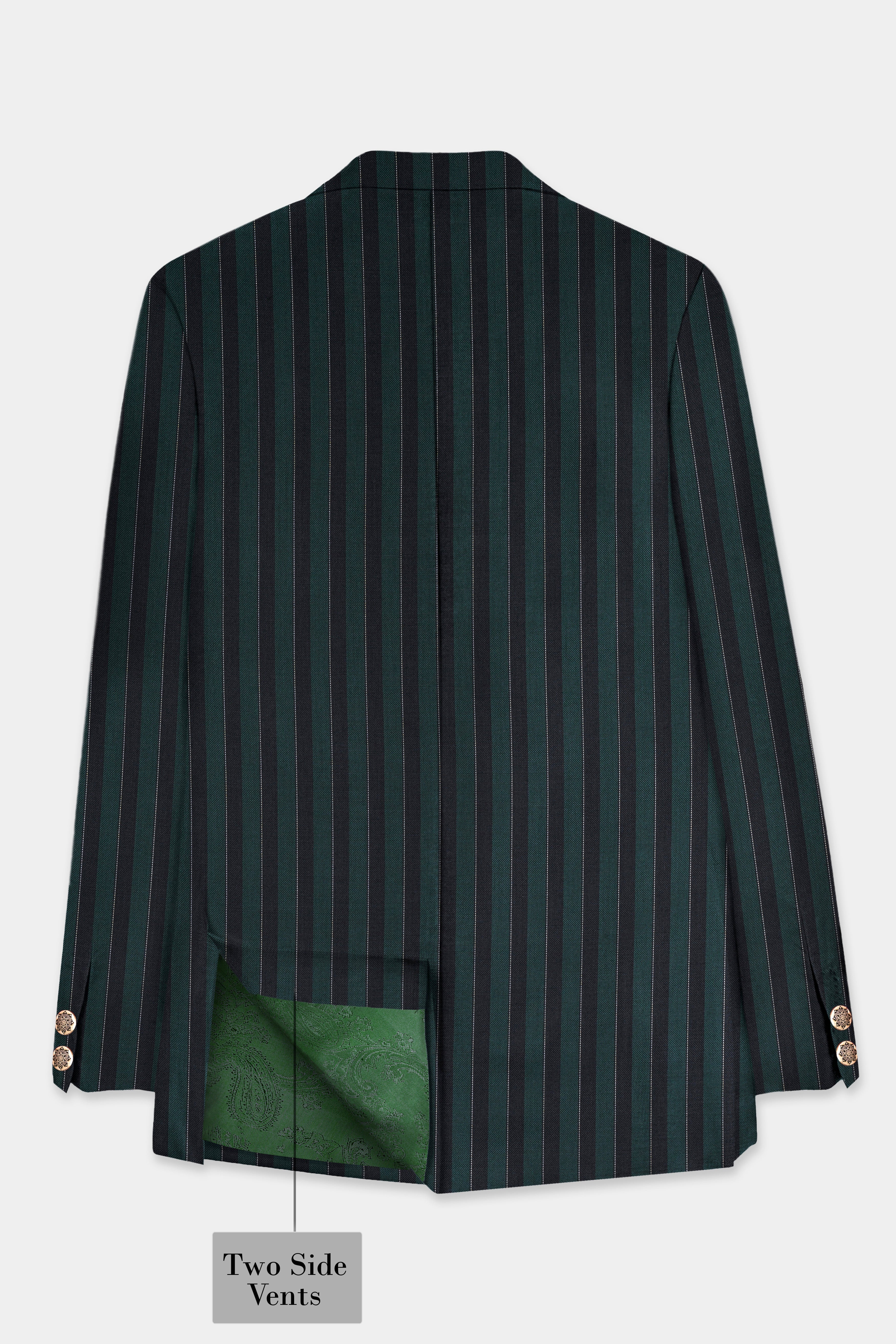 Timber Green With Bunker Black Striped Wool Blend Cross Placket Bandhgala Suit