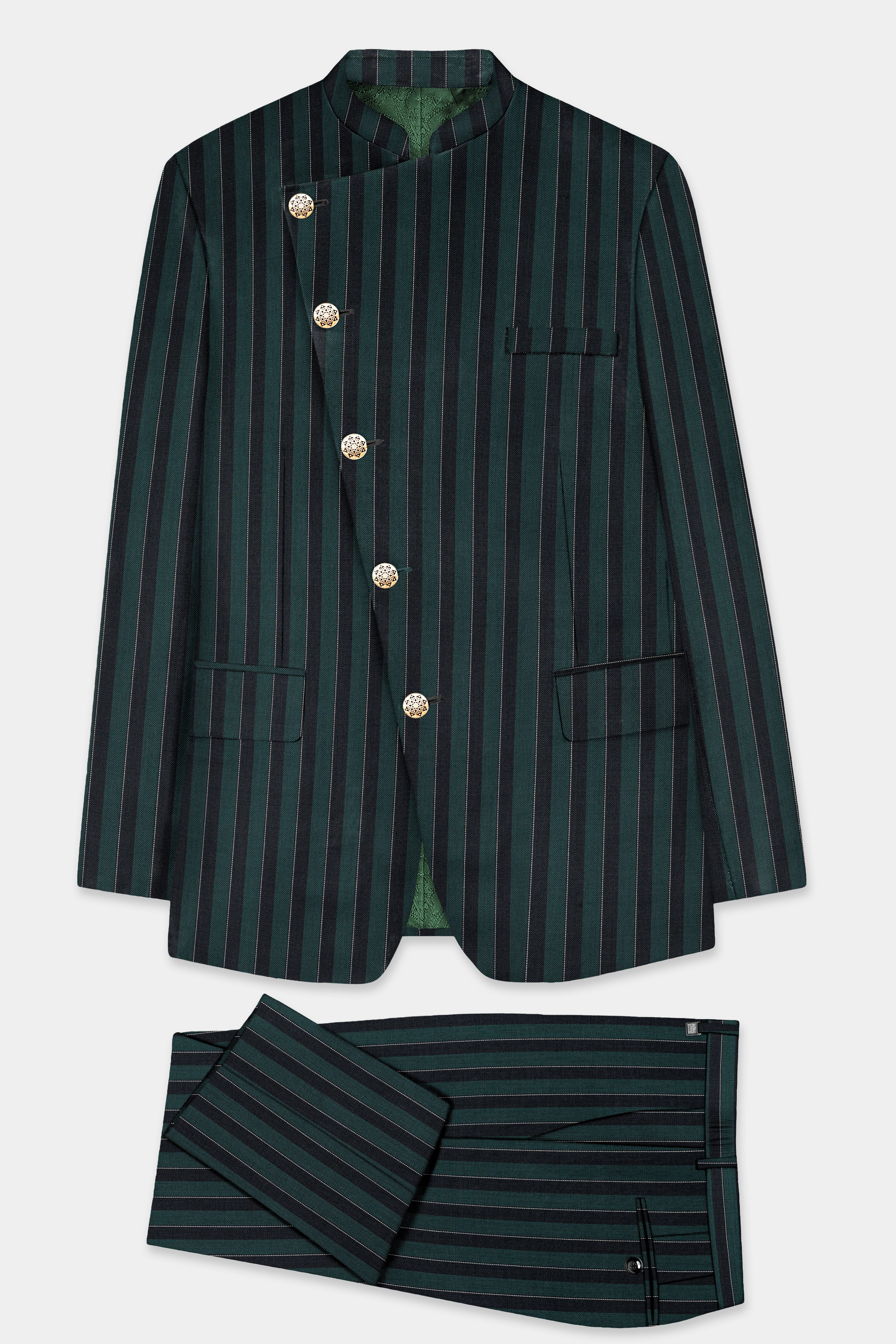 Timber Green With Bunker Black Striped Wool Blend Cross Placket Bandhgala Suit