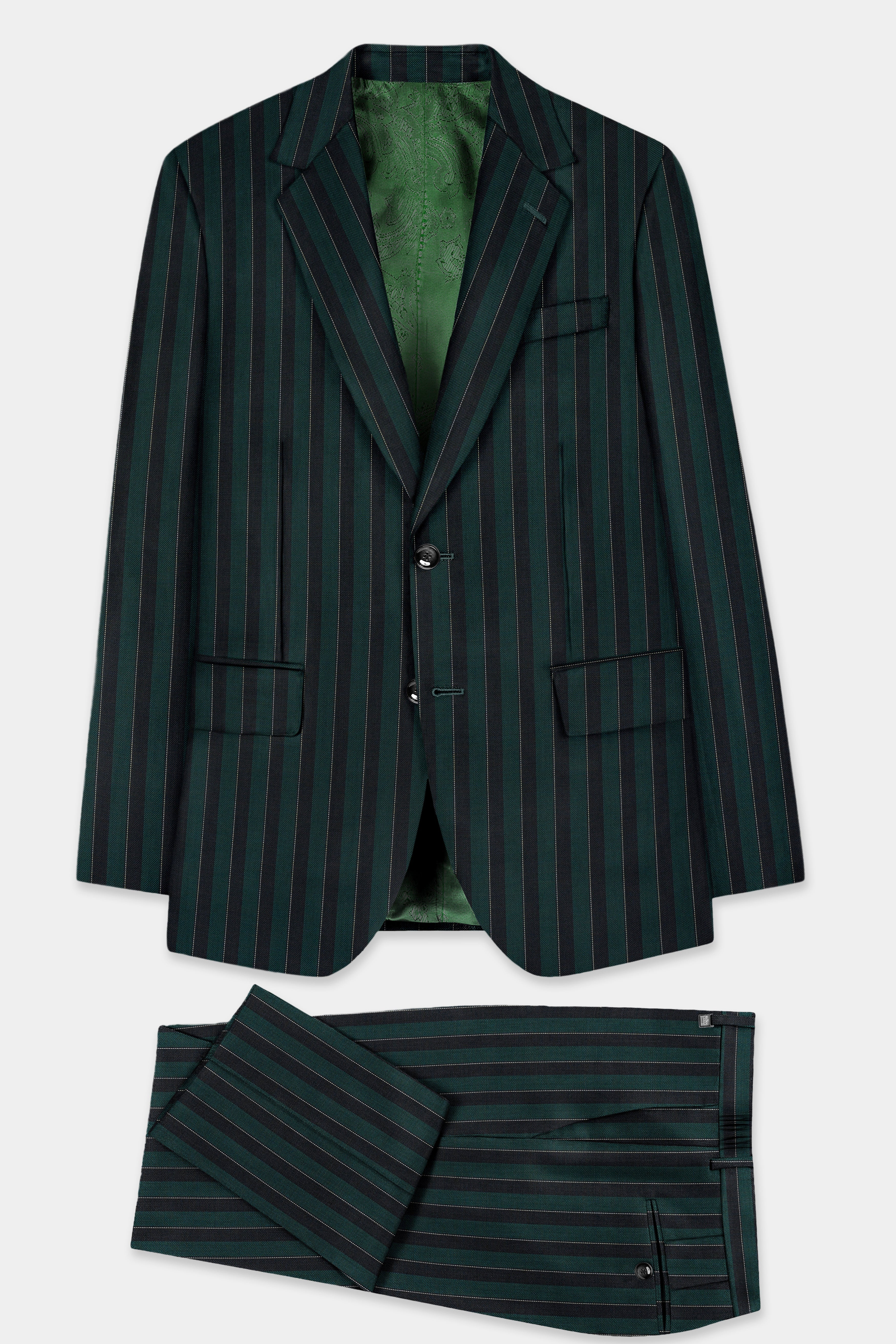 Timber Green With Bunker Black Striped Wool Blend Suit