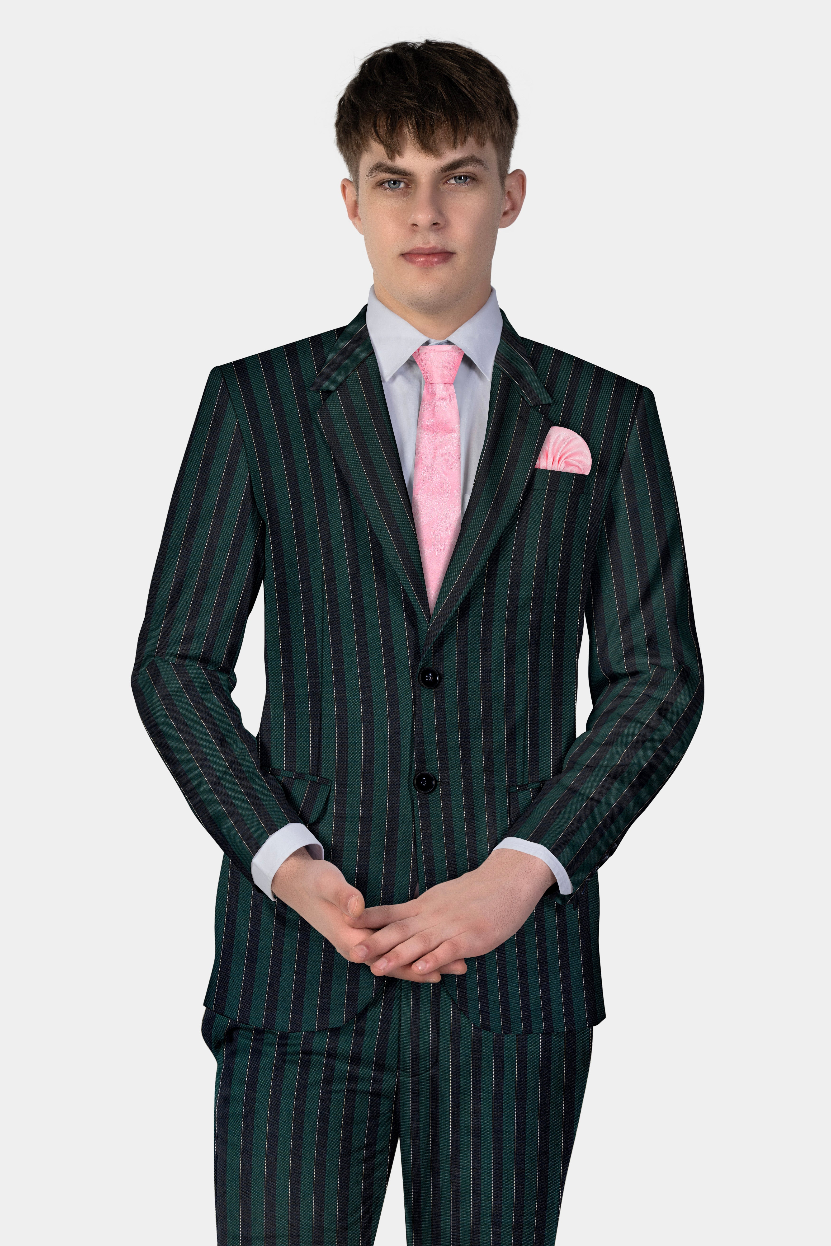 Timber Green With Bunker Black Striped Wool Blend Suit