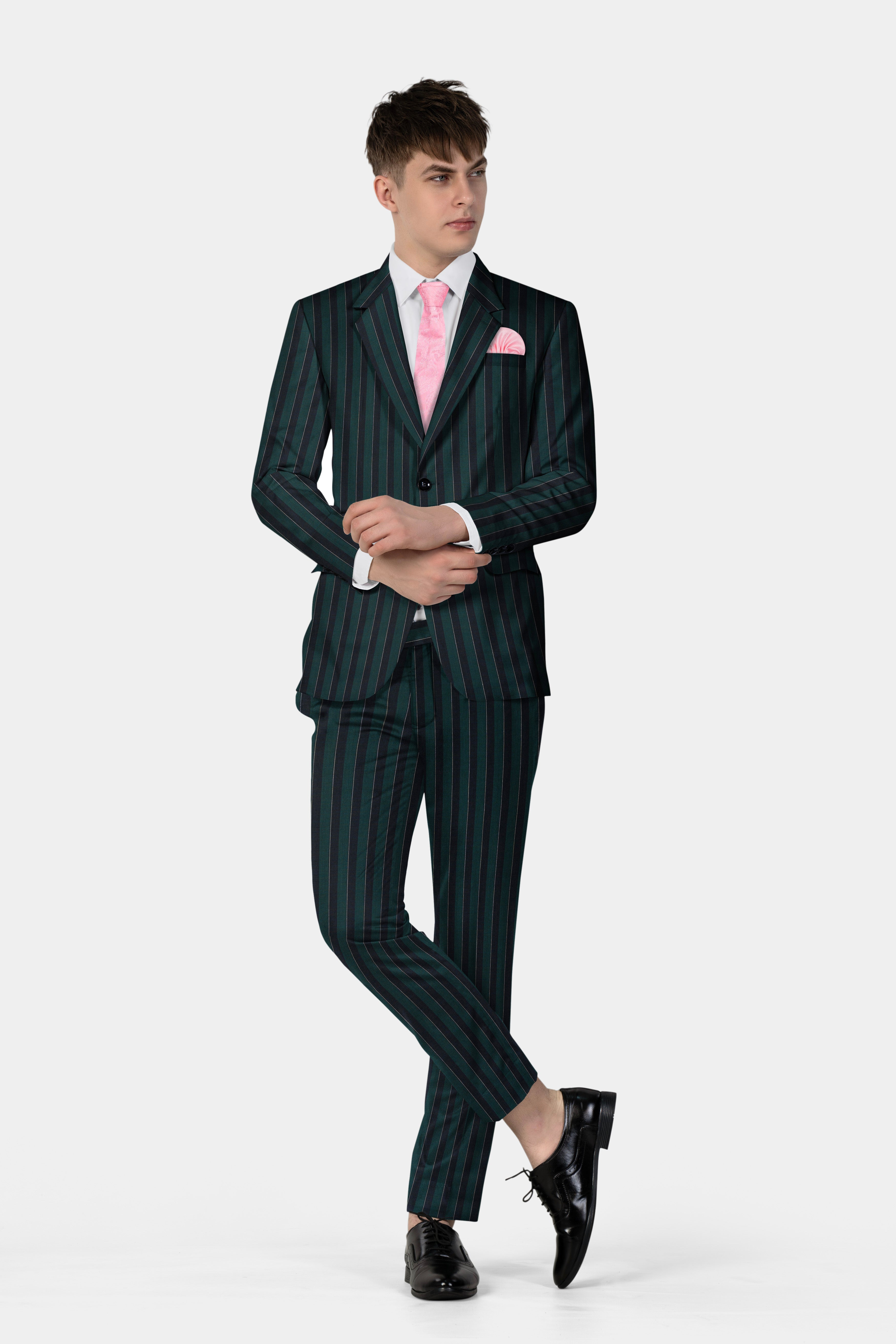 Timber Green With Bunker Black Striped Wool Blend Suit