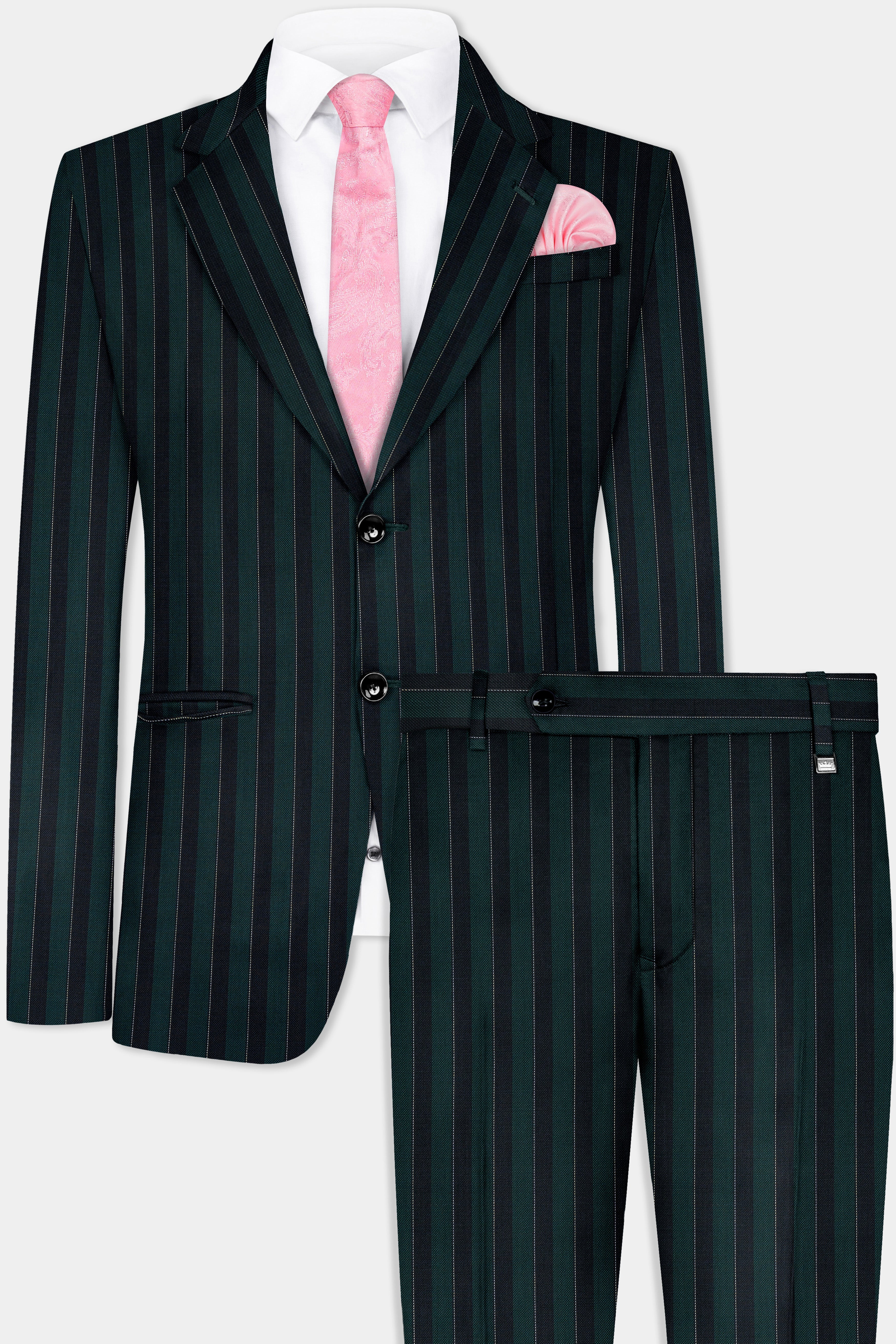 Timber Green With Bunker Black Striped Wool Blend Suit