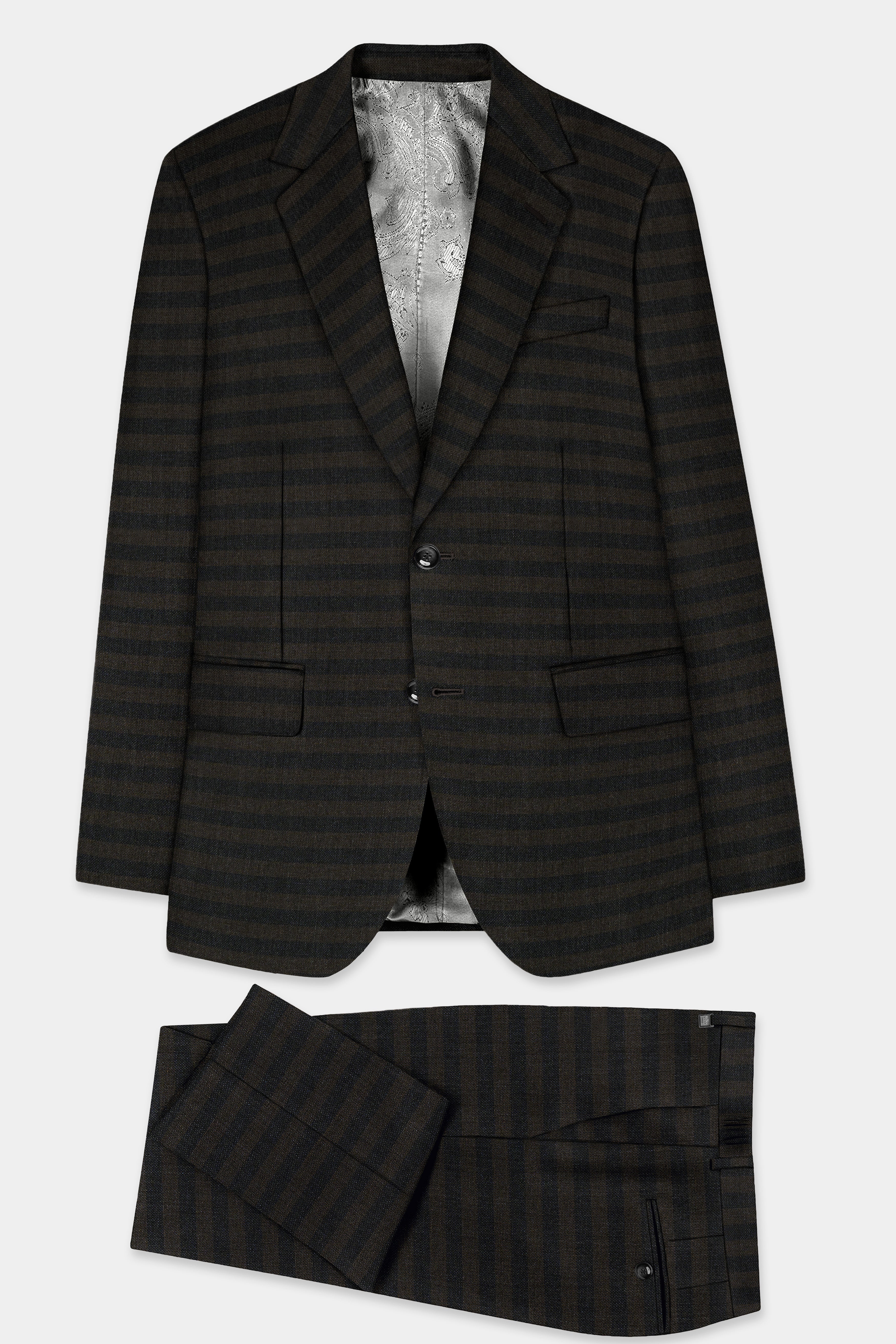 Taupe Brown With Jade Black Striped Wool Blend Suit