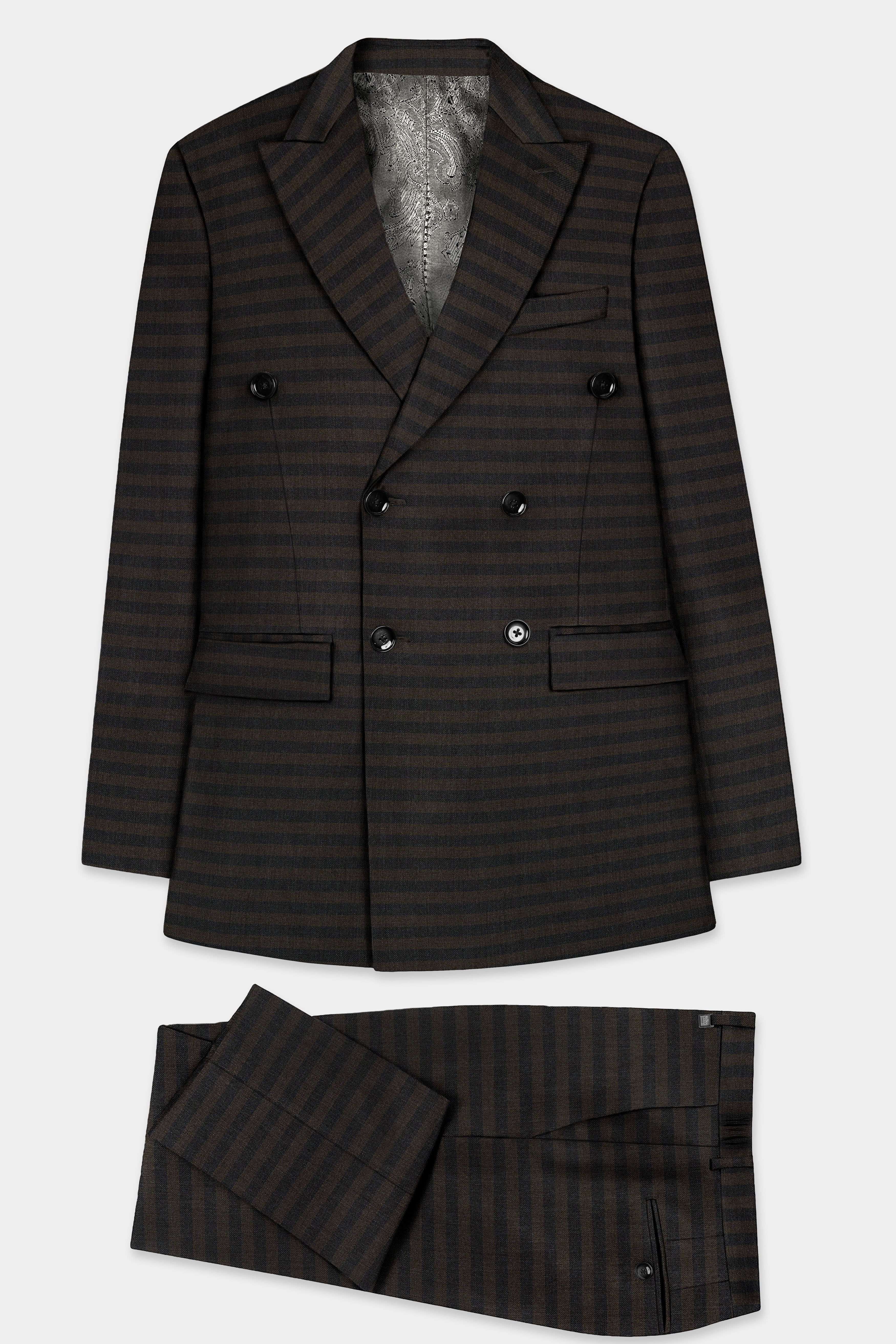 Taupe Brown With Jade Black Striped Wool Blend Double Breasted Suit