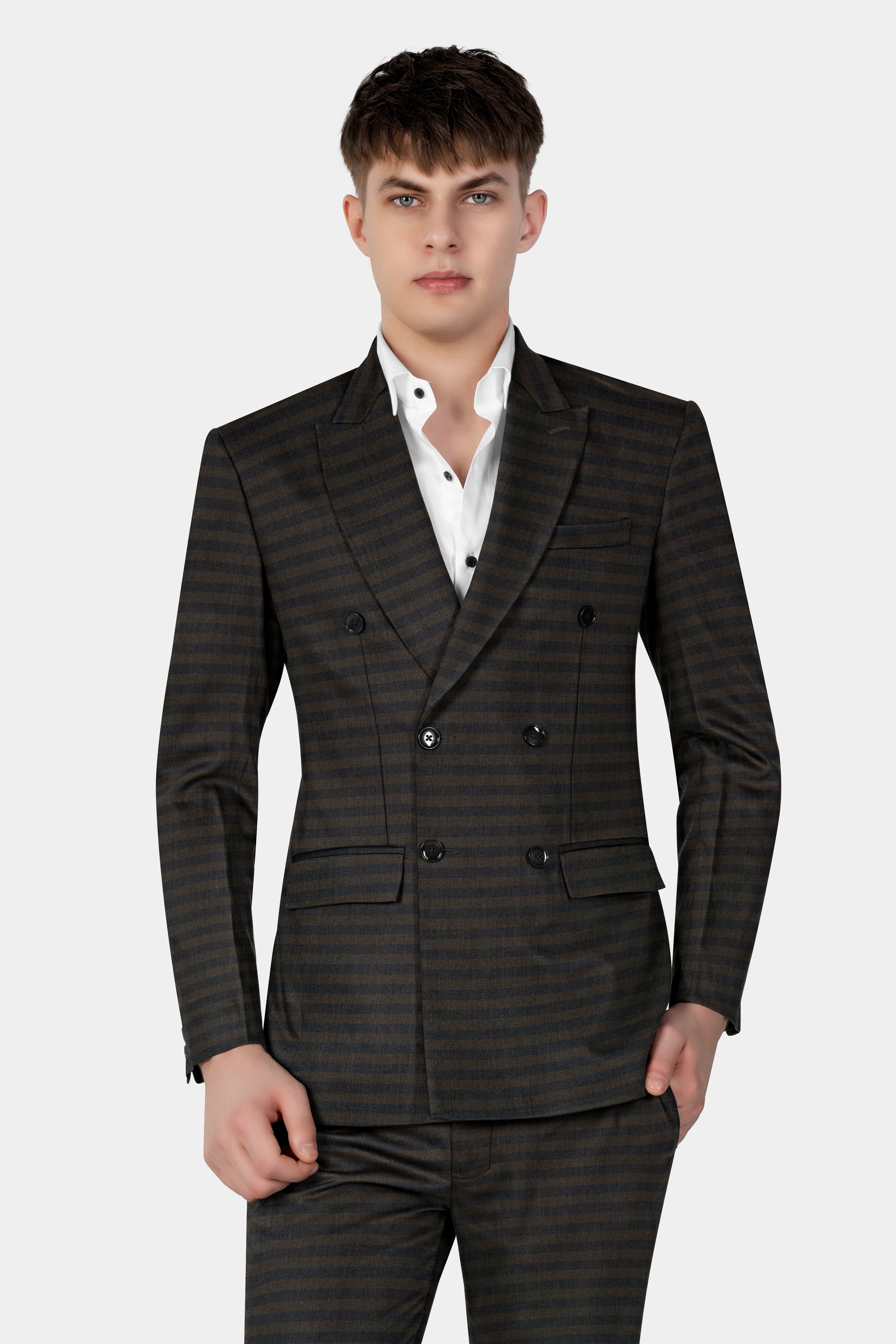 Taupe Brown With Jade Black Striped Wool Blend Double Breasted Suit