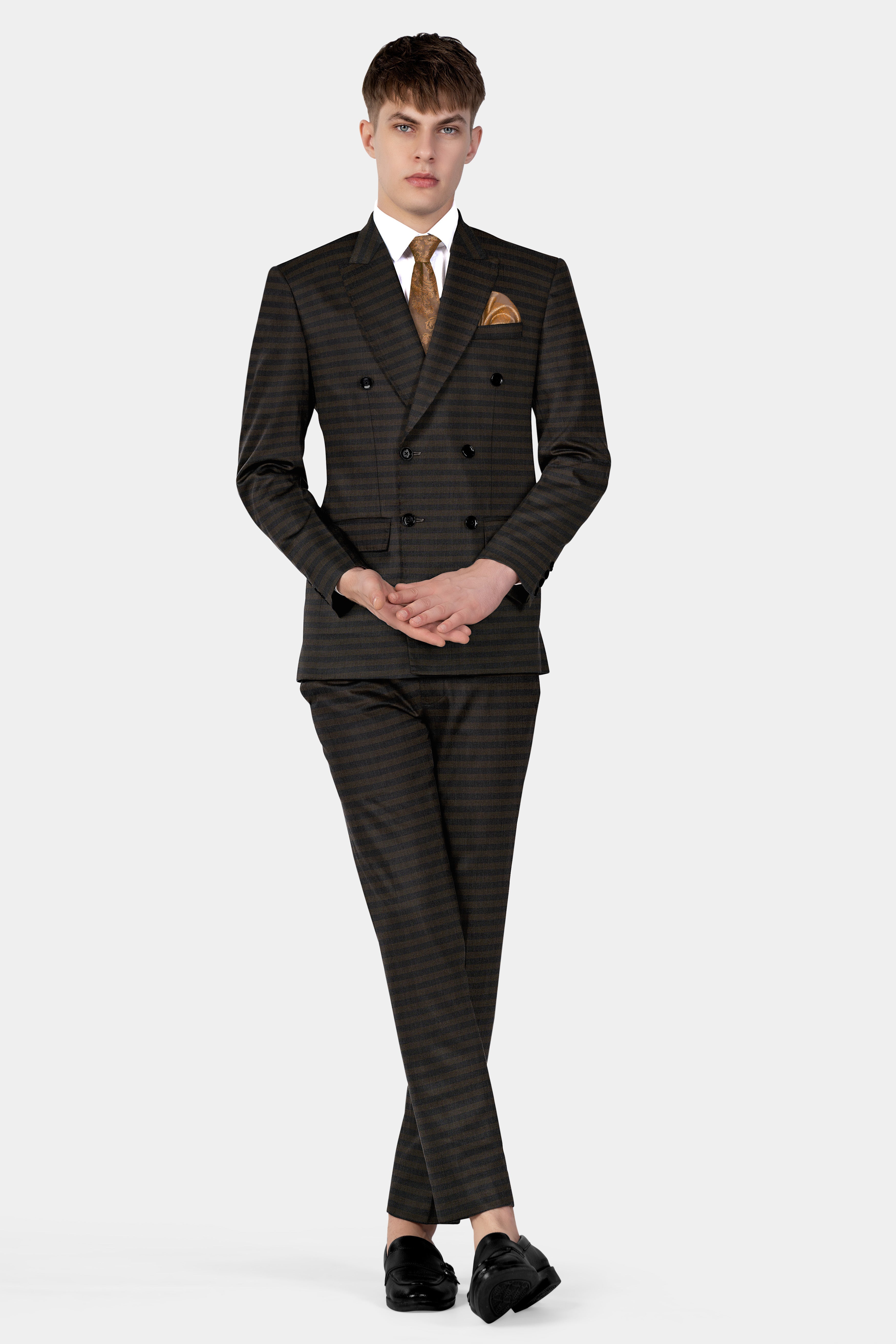 Taupe Brown With Jade Black Striped Wool Blend Double Breasted Suit