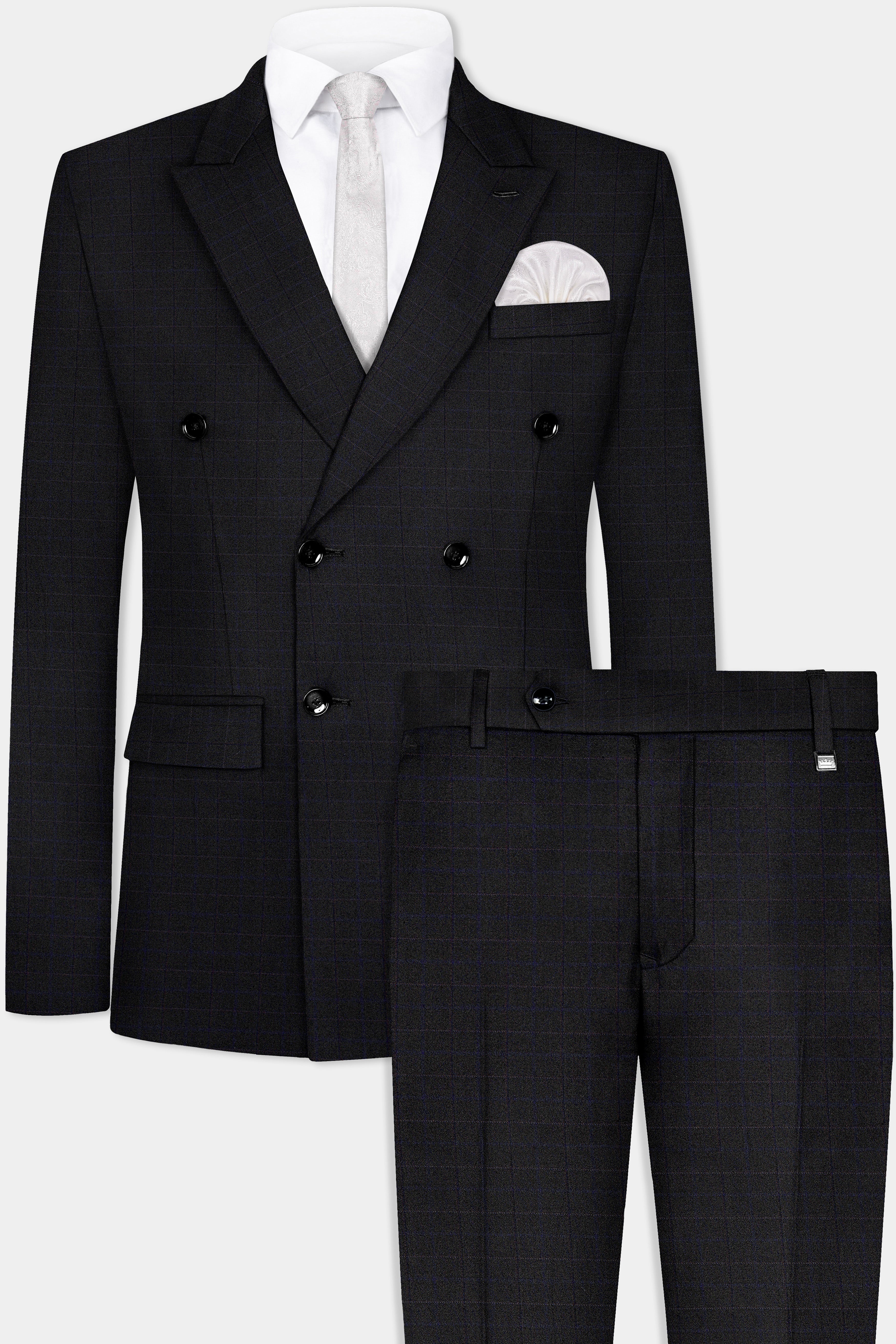 Jade Black Plaid Wool Blend Double Breasted Suit