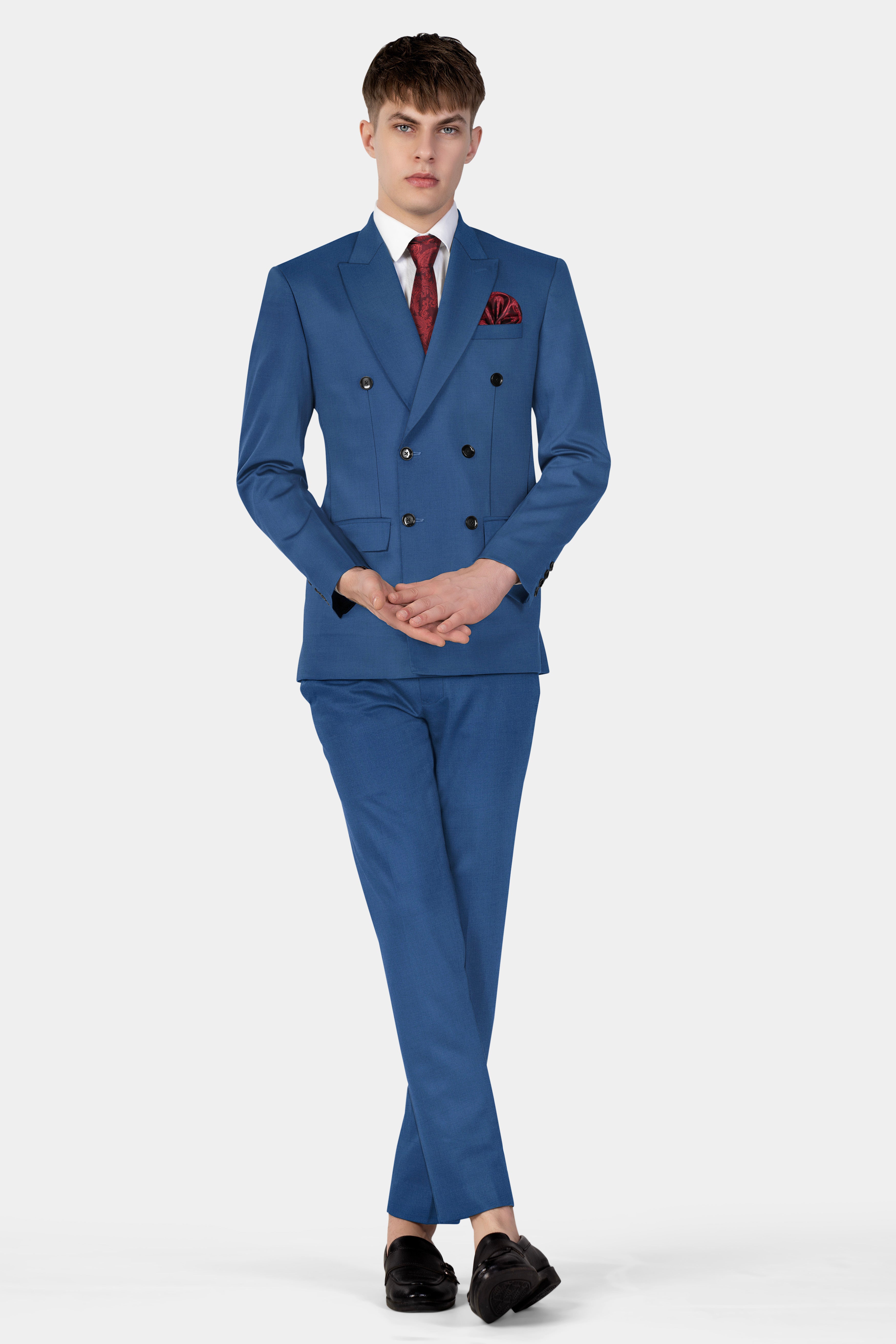 Rhino Blue Solid Wool Blend Double Breasted Suit