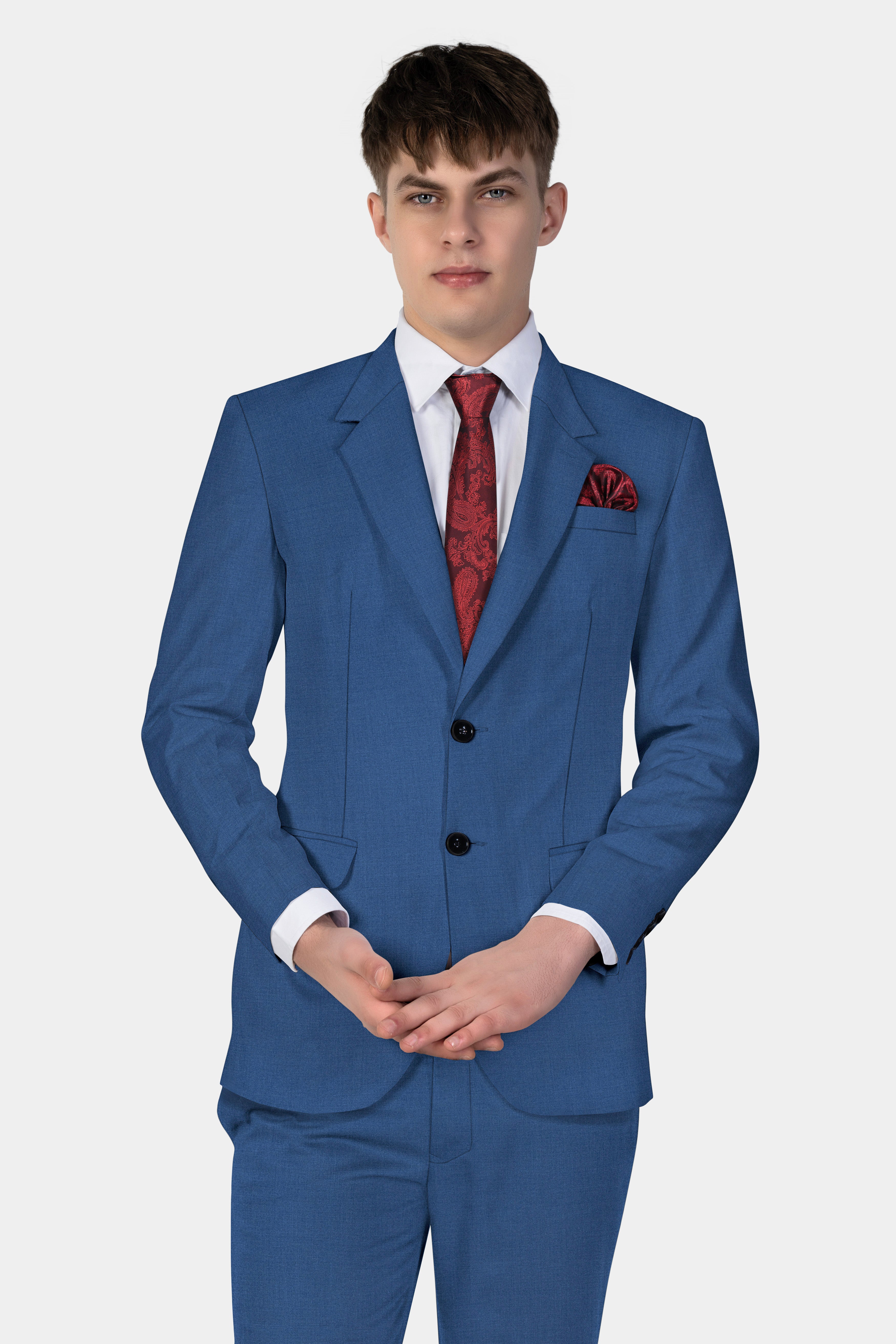 Rhino Blue Solid Wool Blend Single Breasted Suit