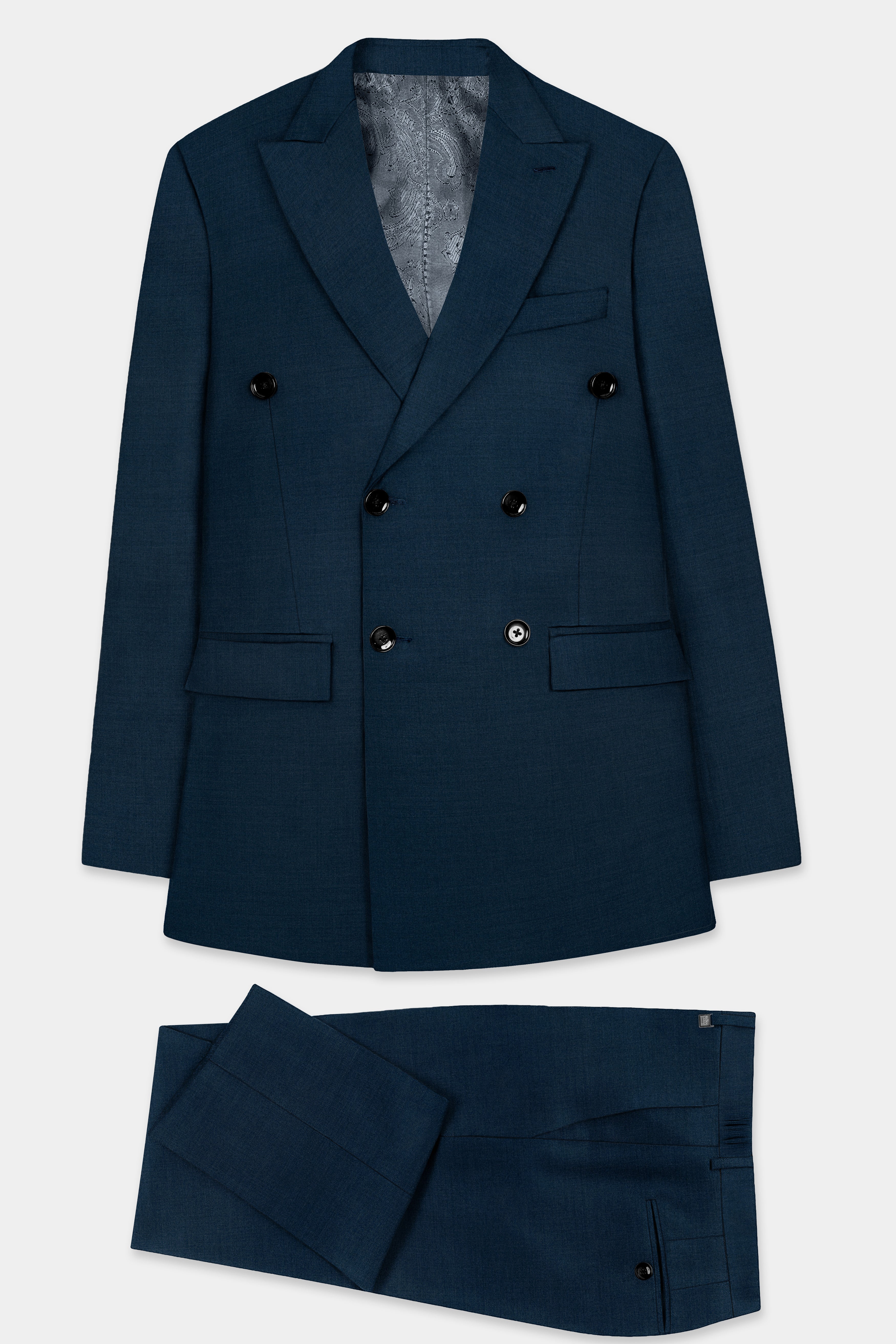 Daintree Blue Solid Wool Blend Double Breasted Suit