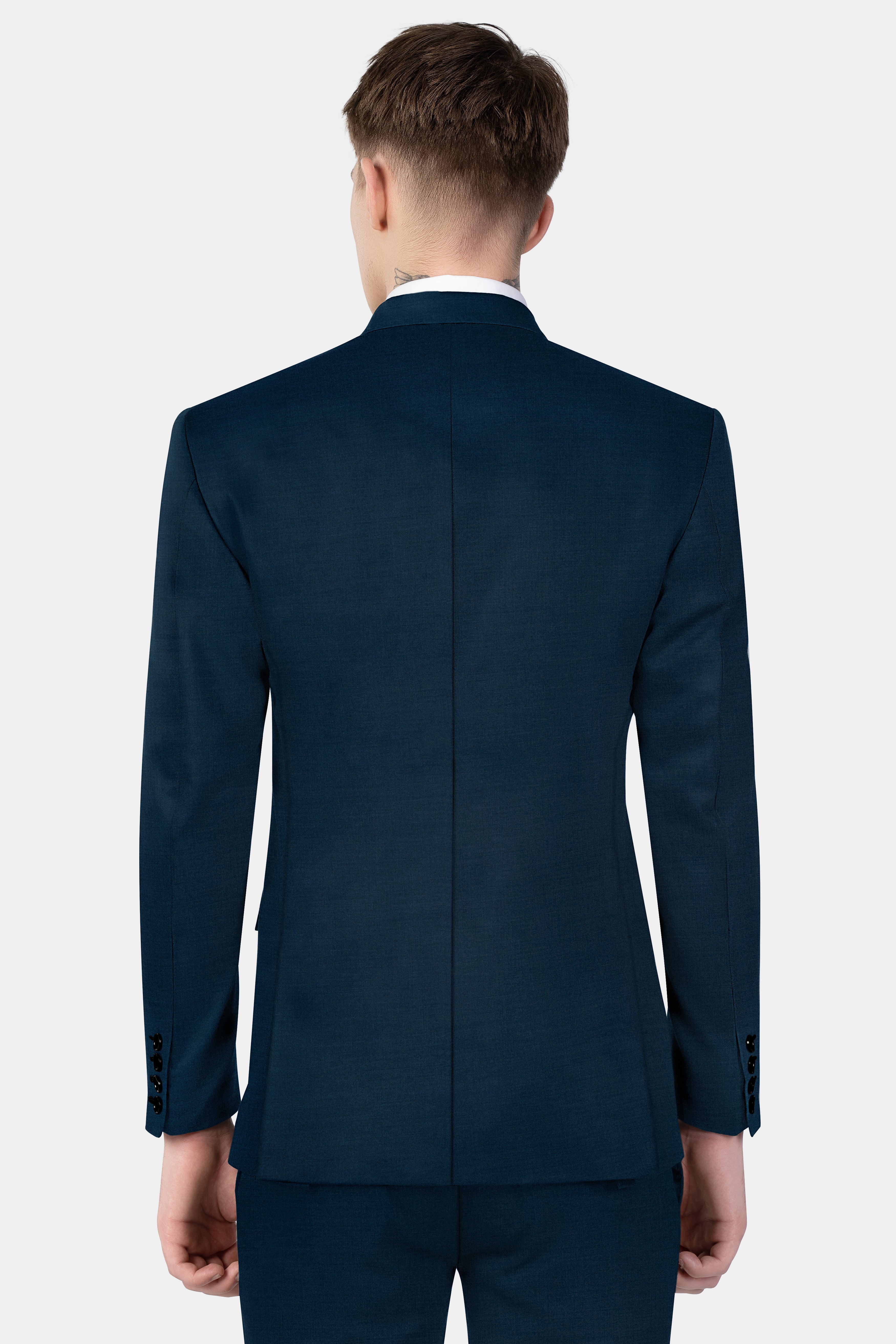 Daintree Blue Solid Wool Blend Double Breasted Suit