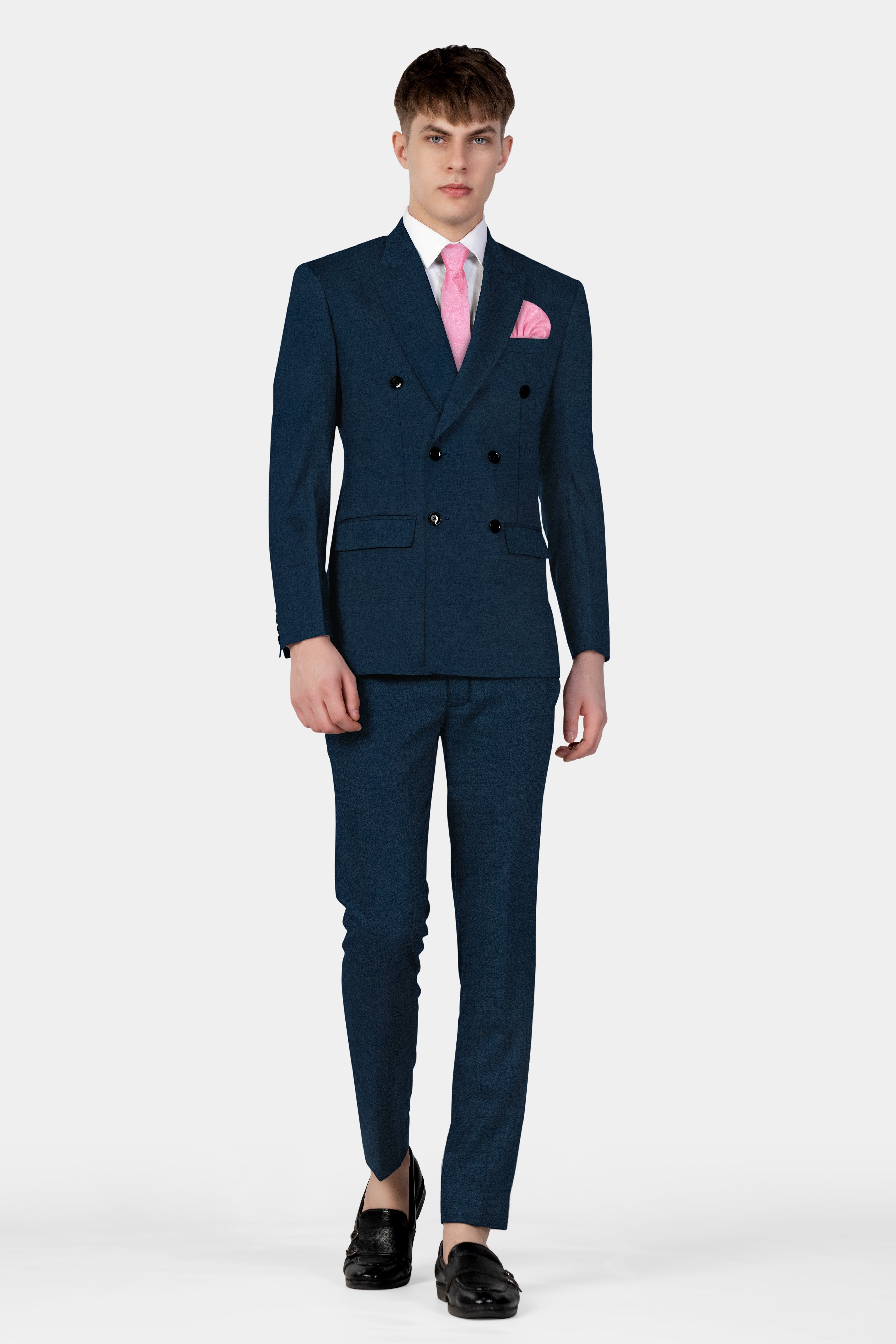 Daintree Blue Solid Wool Blend Double Breasted Suit