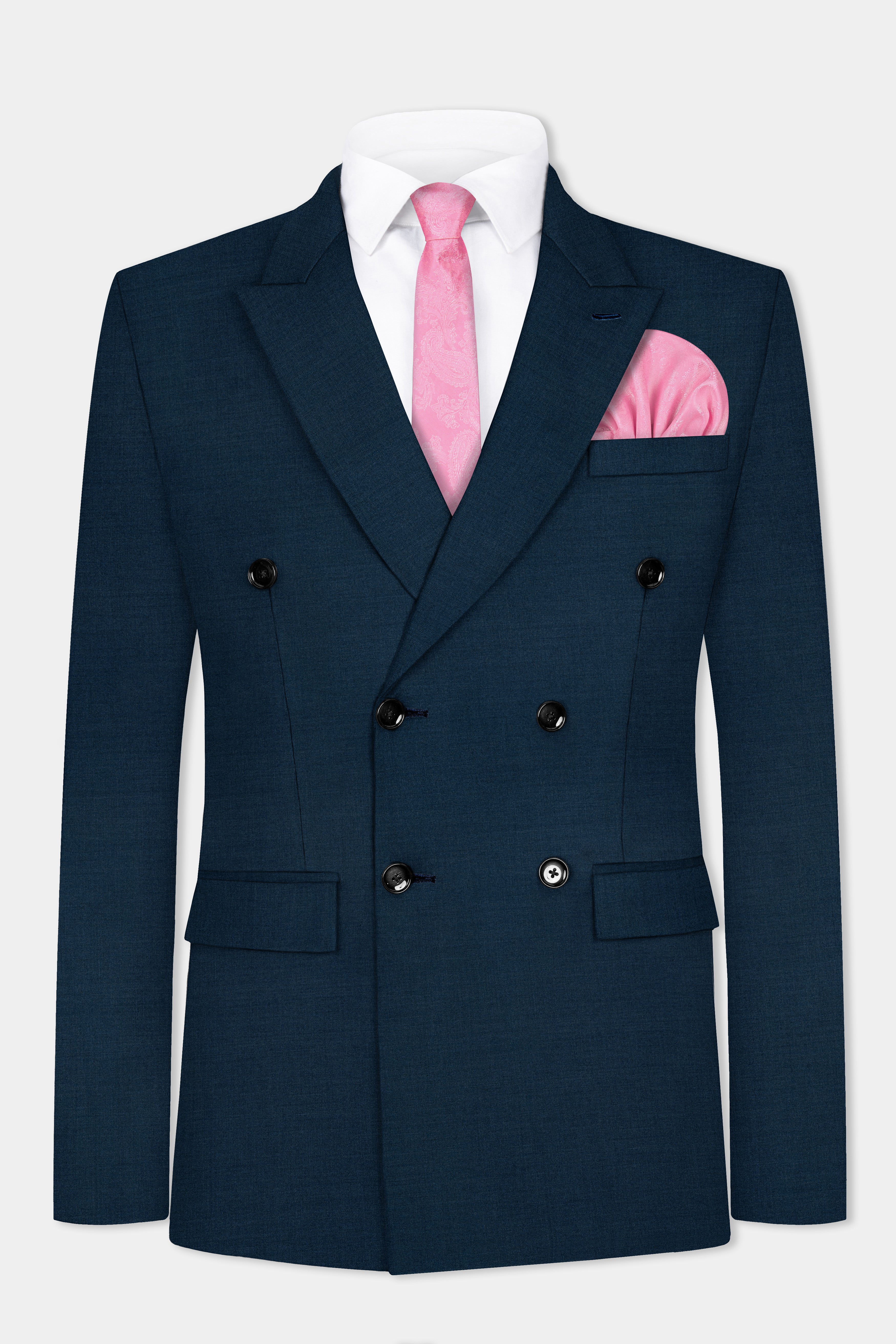 Daintree Blue Solid Wool Blend Double Breasted Suit