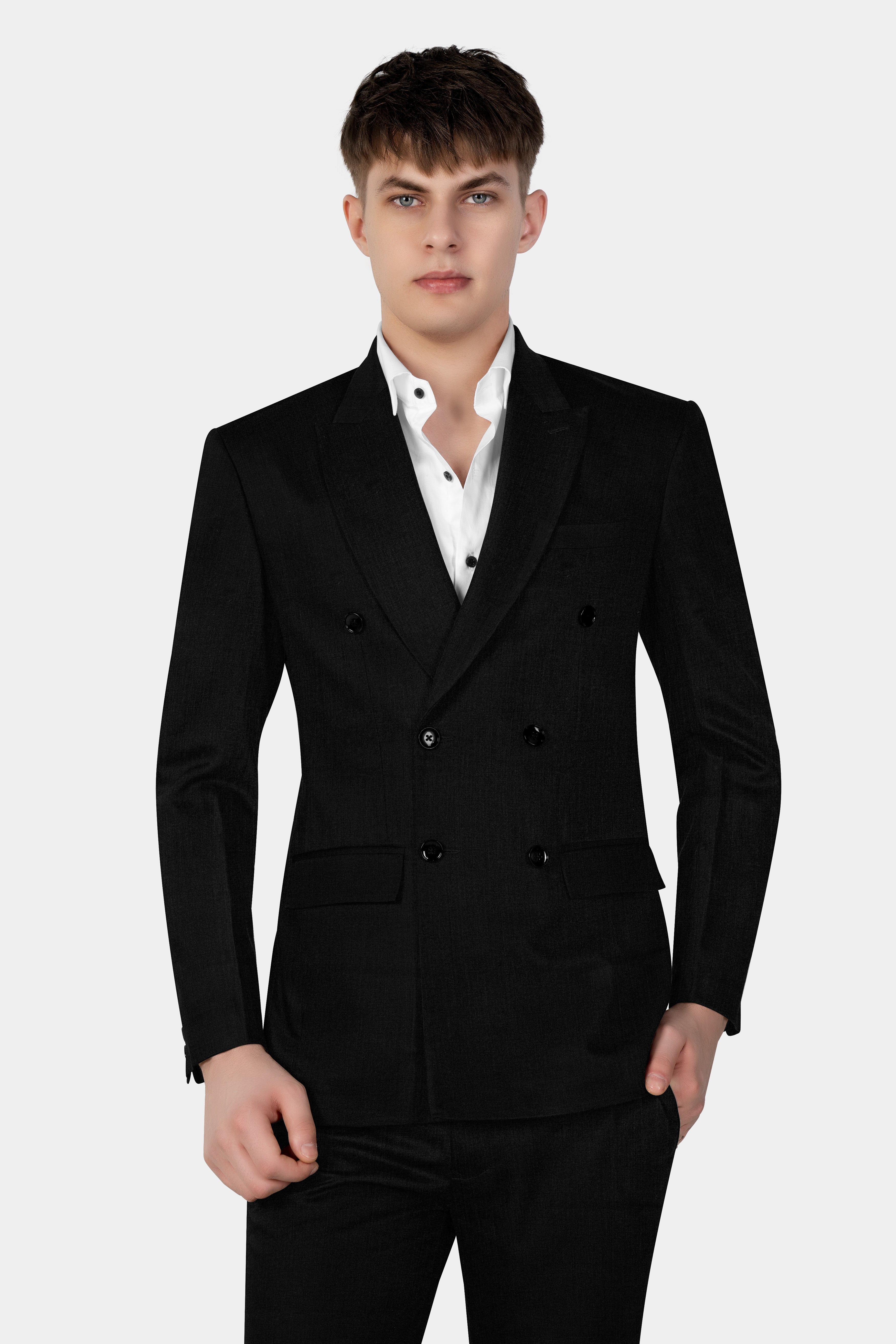 Jade Black Solid Wool Blend Double Breasted Stretchable Suit