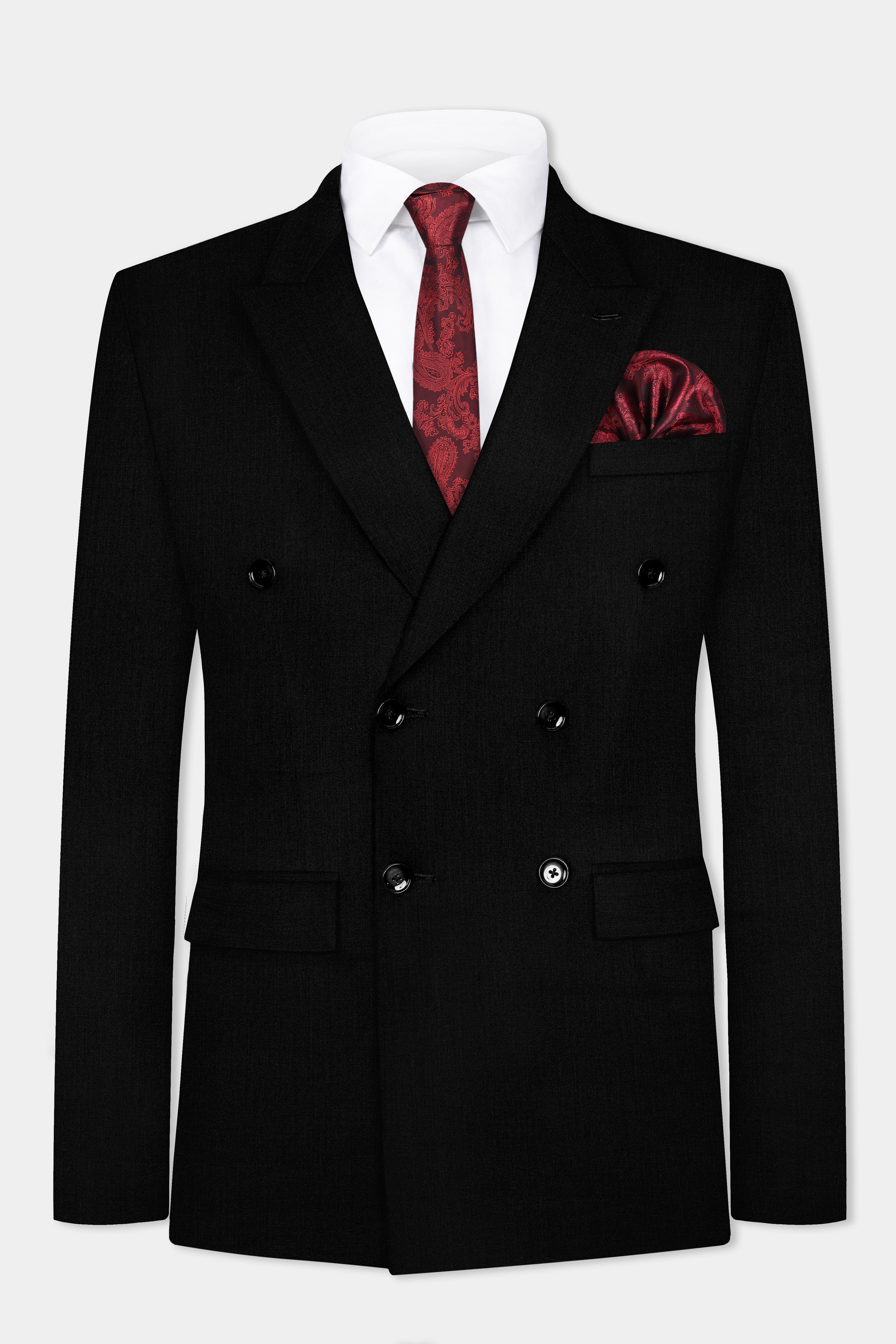 Jade Black Solid Wool Blend Double Breasted Stretchable Suit