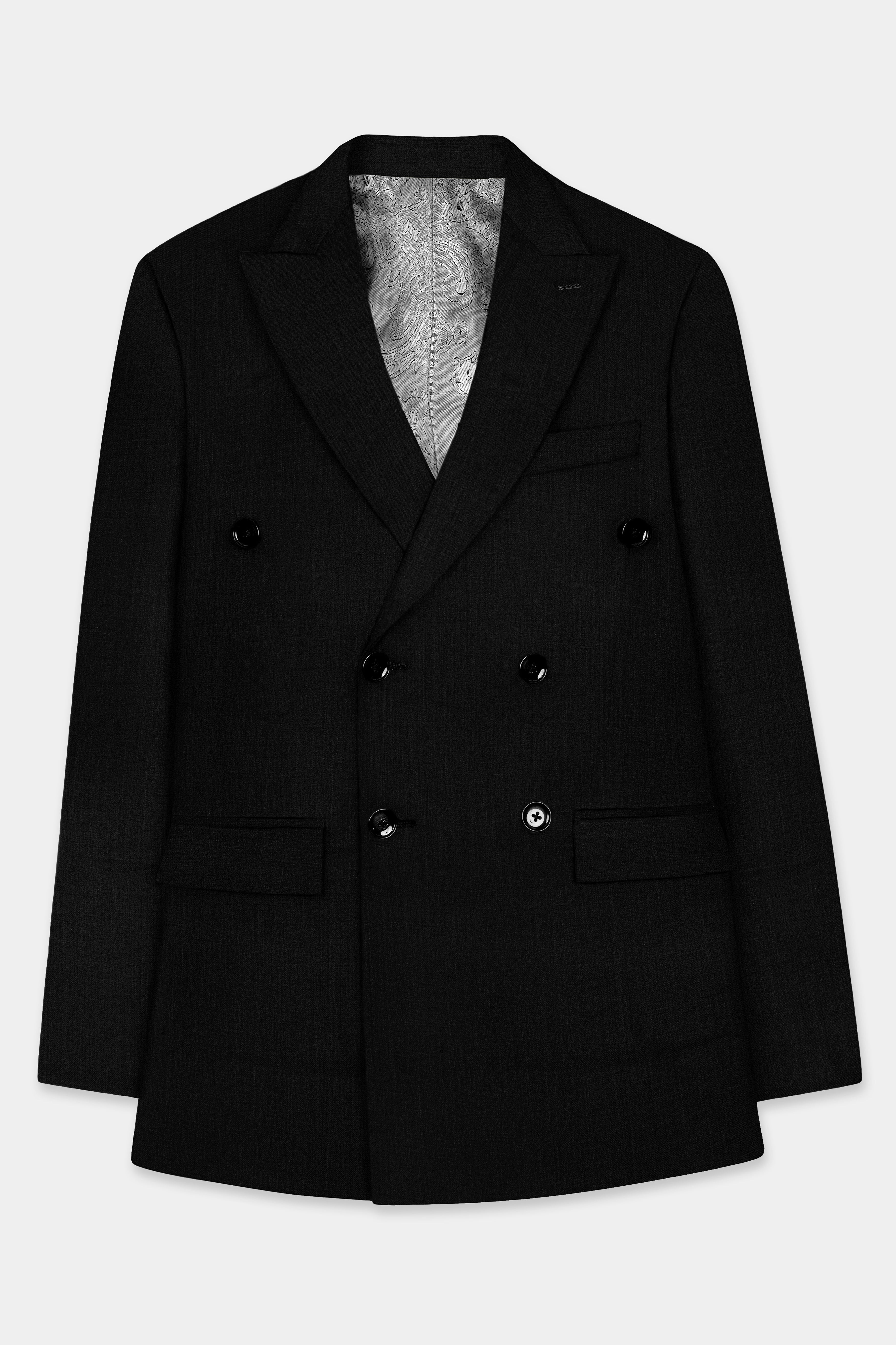 Jade Black Solid Wool Blend Double Breasted Stretchable Suit