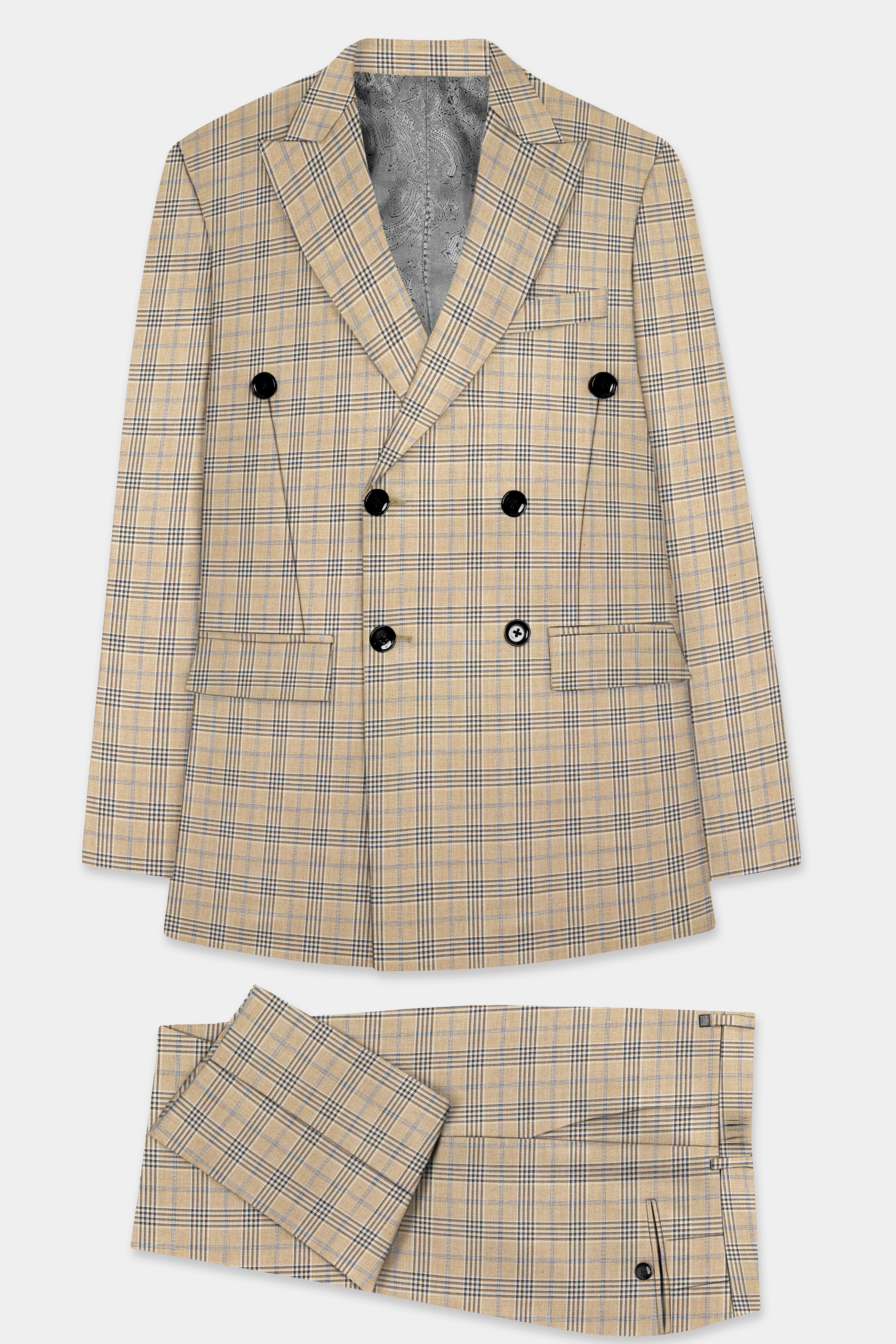 Cameo Cream Plaid Super Fine Wool Blend Double Breasted Suit