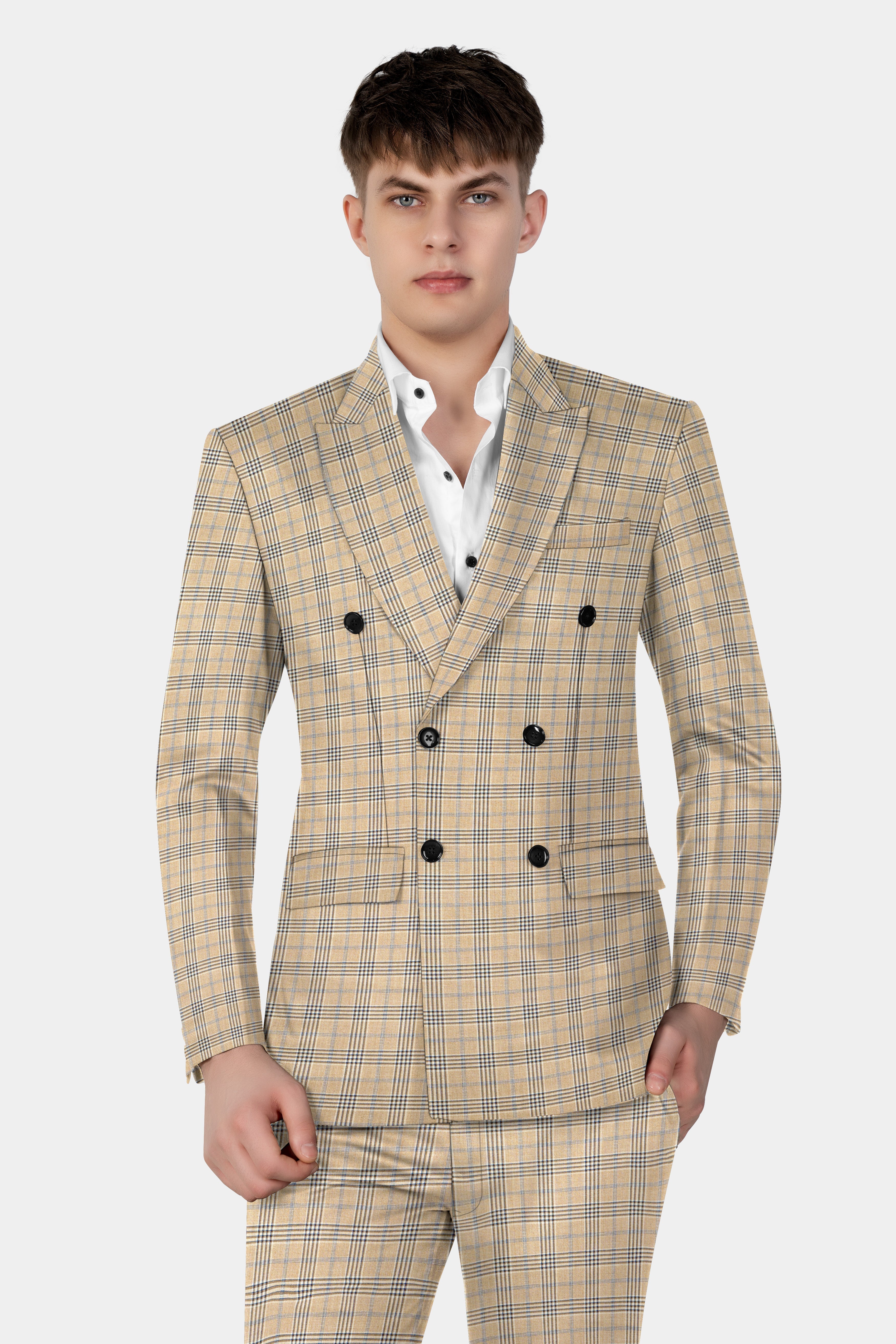 Cameo Cream Plaid Super Fine Wool Blend Double Breasted Suit