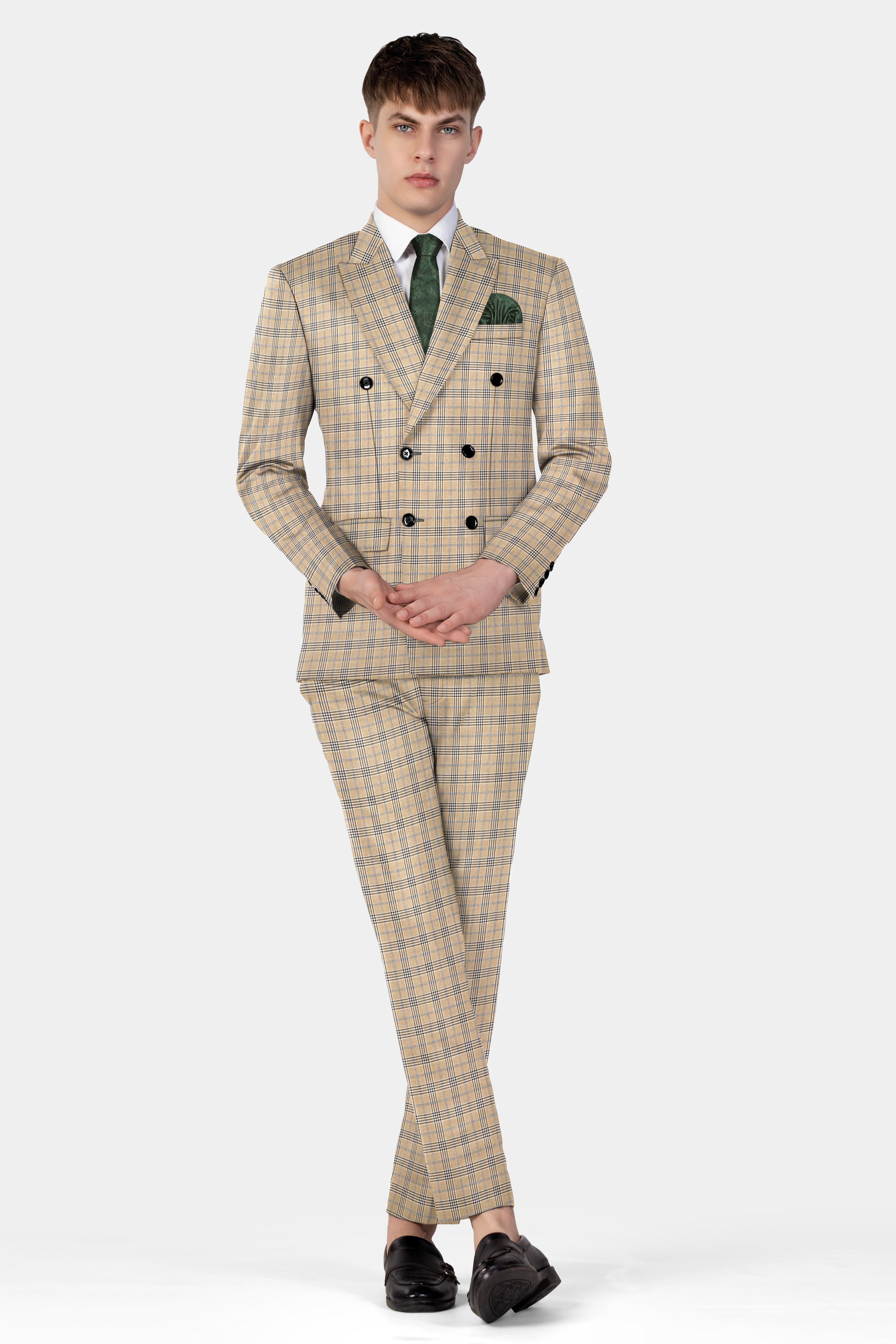 Cameo Cream Plaid Super Fine Wool Blend Double Breasted Suit