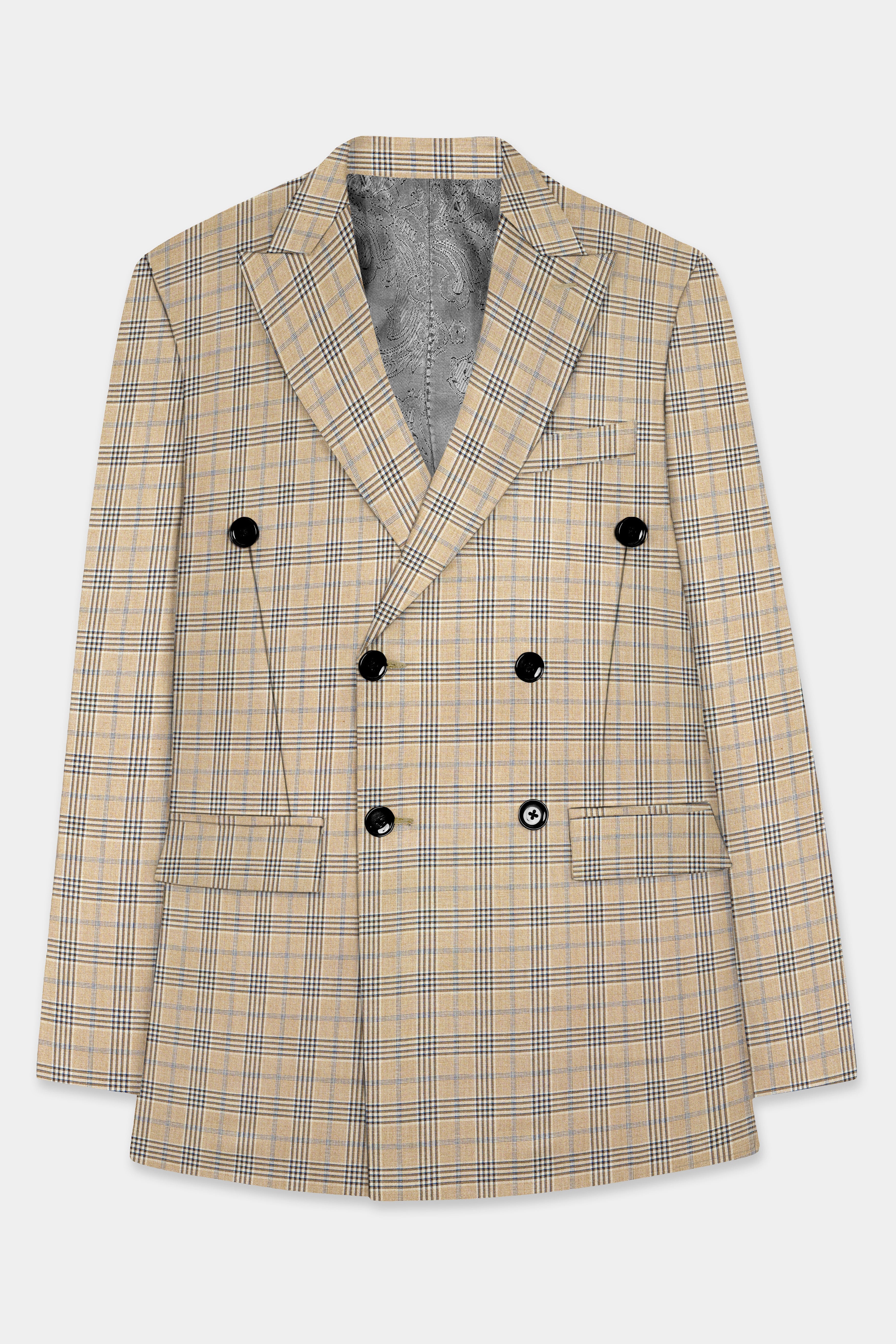 Cameo Cream Plaid Super Fine Wool Blend Double Breasted Suit