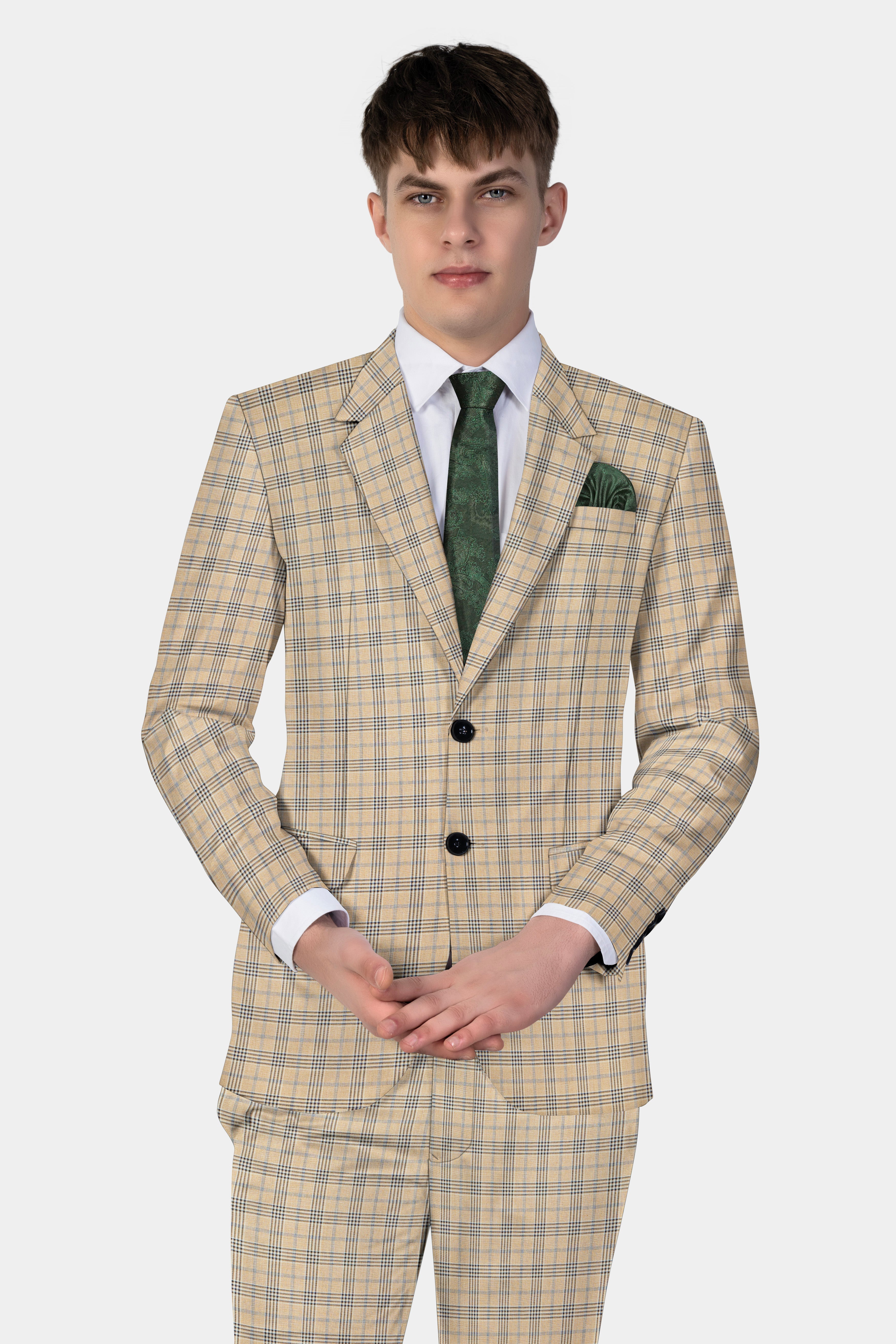 Cameo Cream Plaid Super Fine Wool Blend Single Breasted Suit