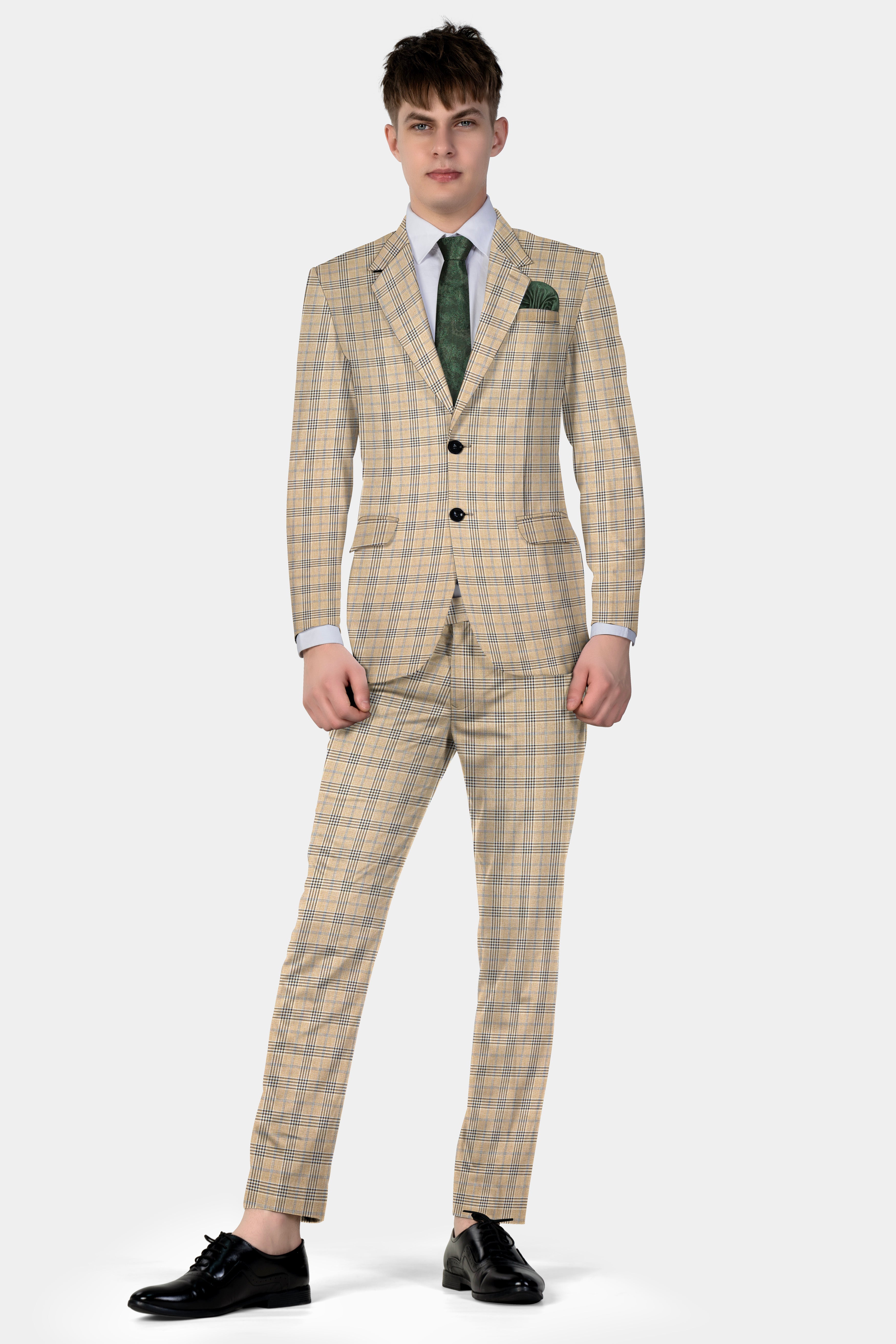 Cameo Cream Plaid Super Fine Wool Blend Single Breasted Suit