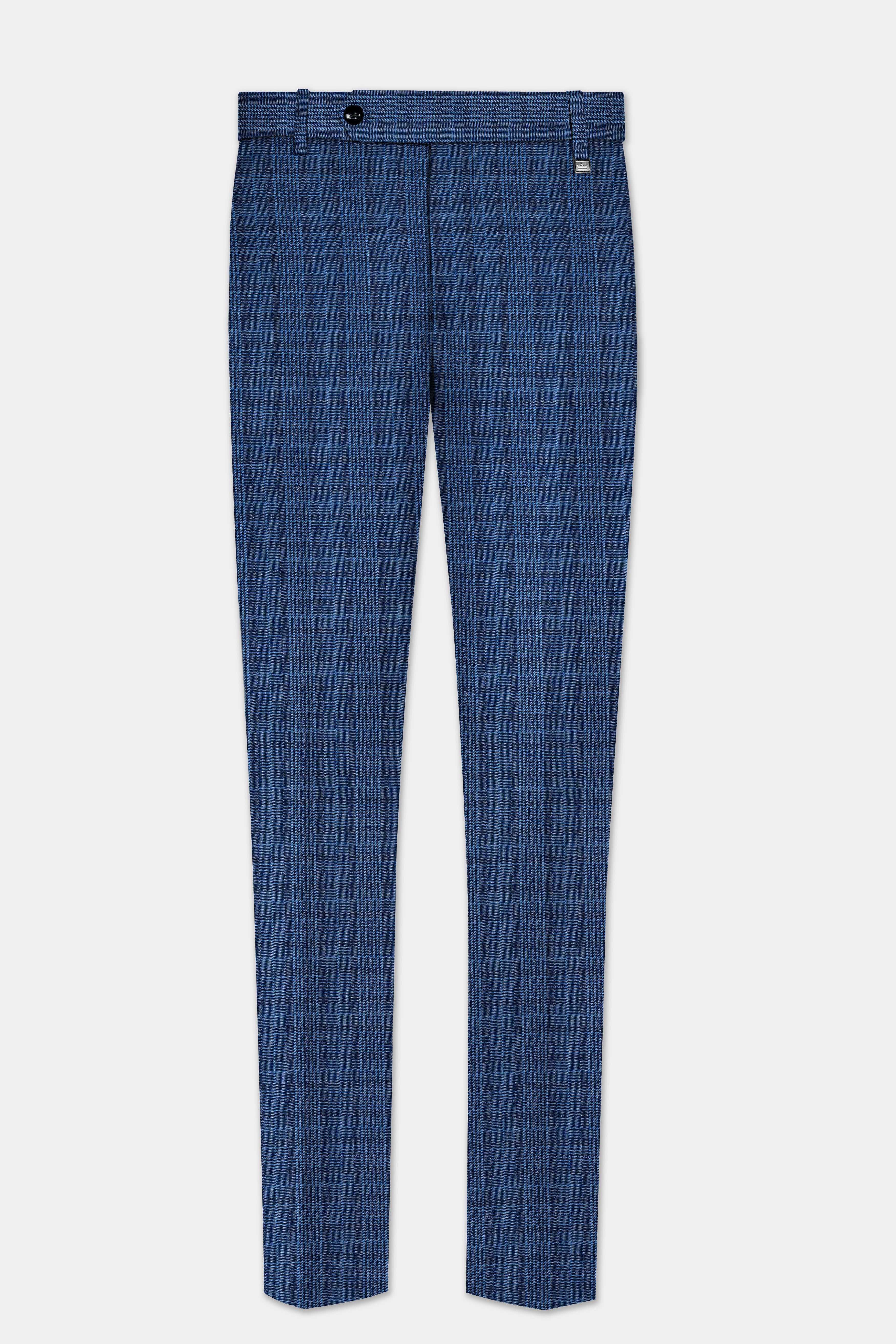 Mid Blue Plaid Wool Rich Bandhgala Suit