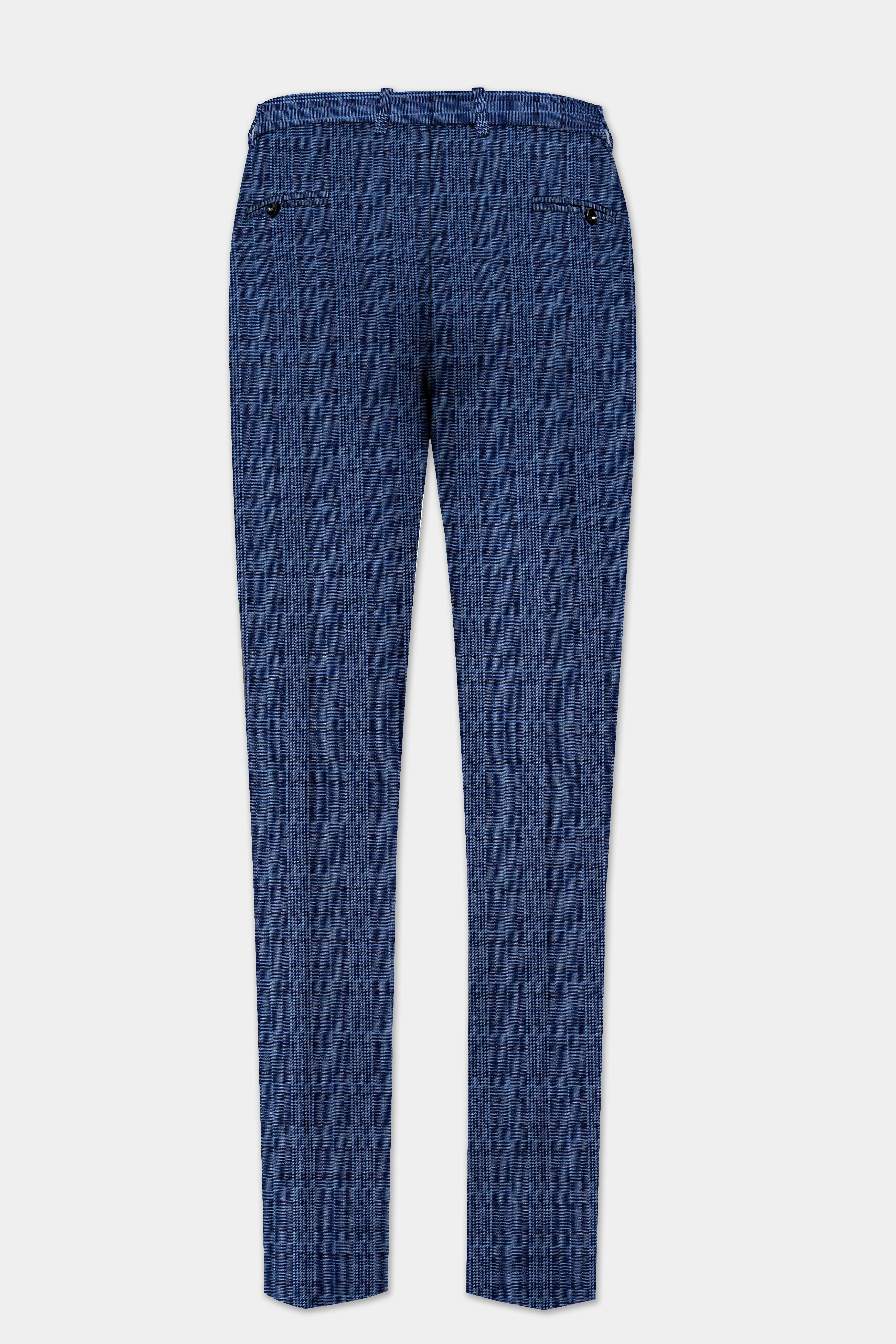 Mid Blue Plaid Wool Rich Bandhgala Suit