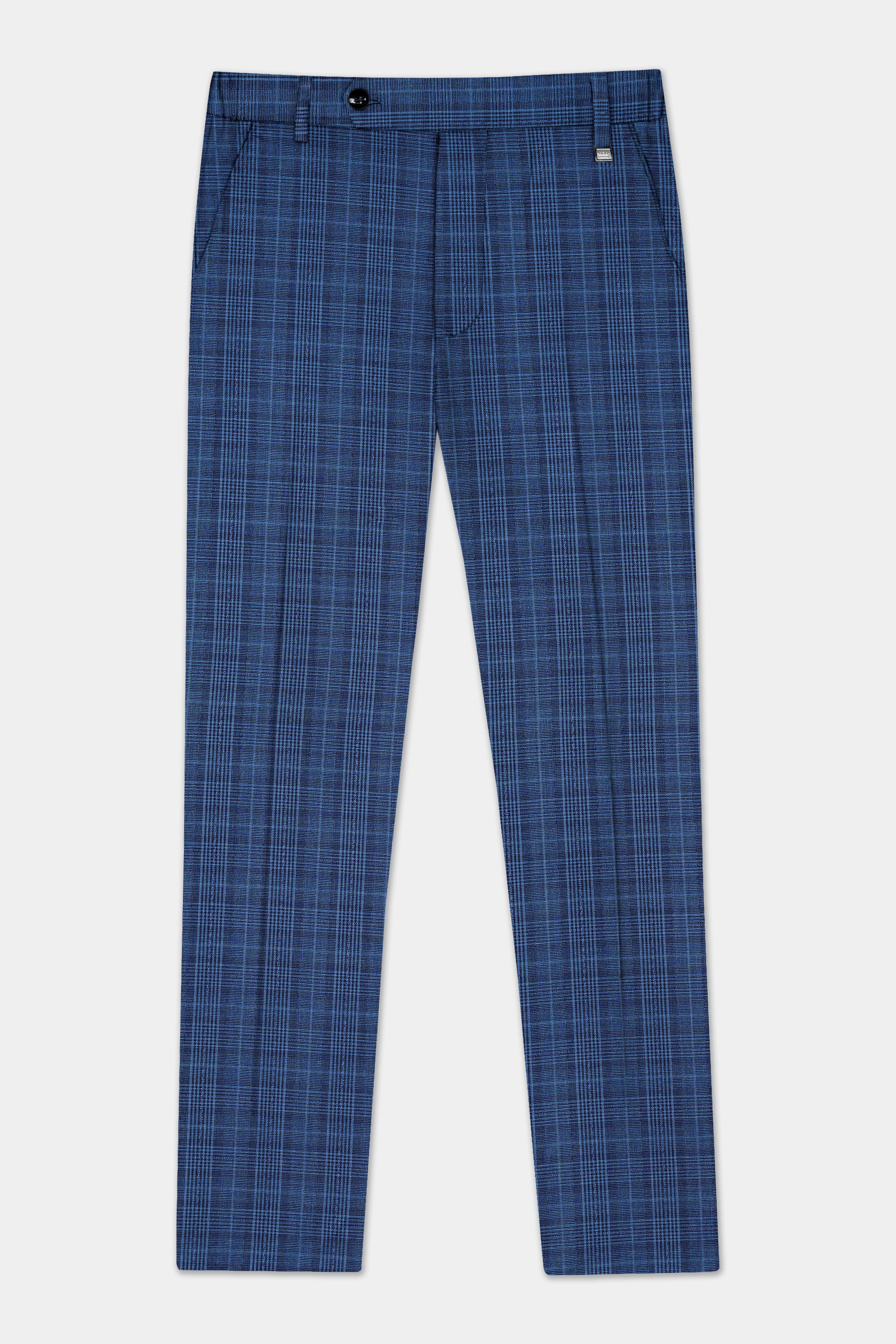 Mid Blue Plaid Wool Rich Bandhgala Suit