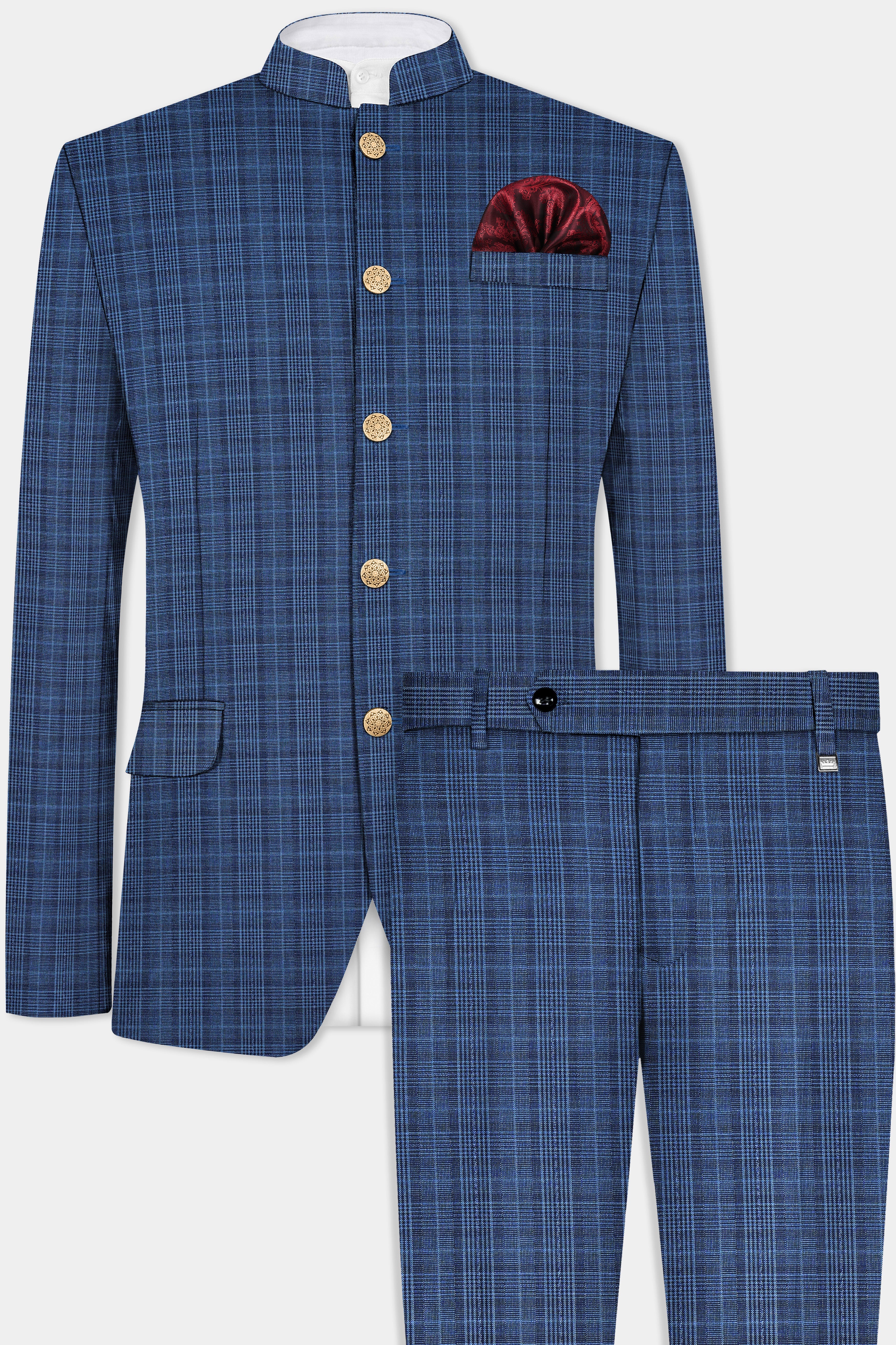 Mid Blue Plaid Wool Rich Bandhgala Suit