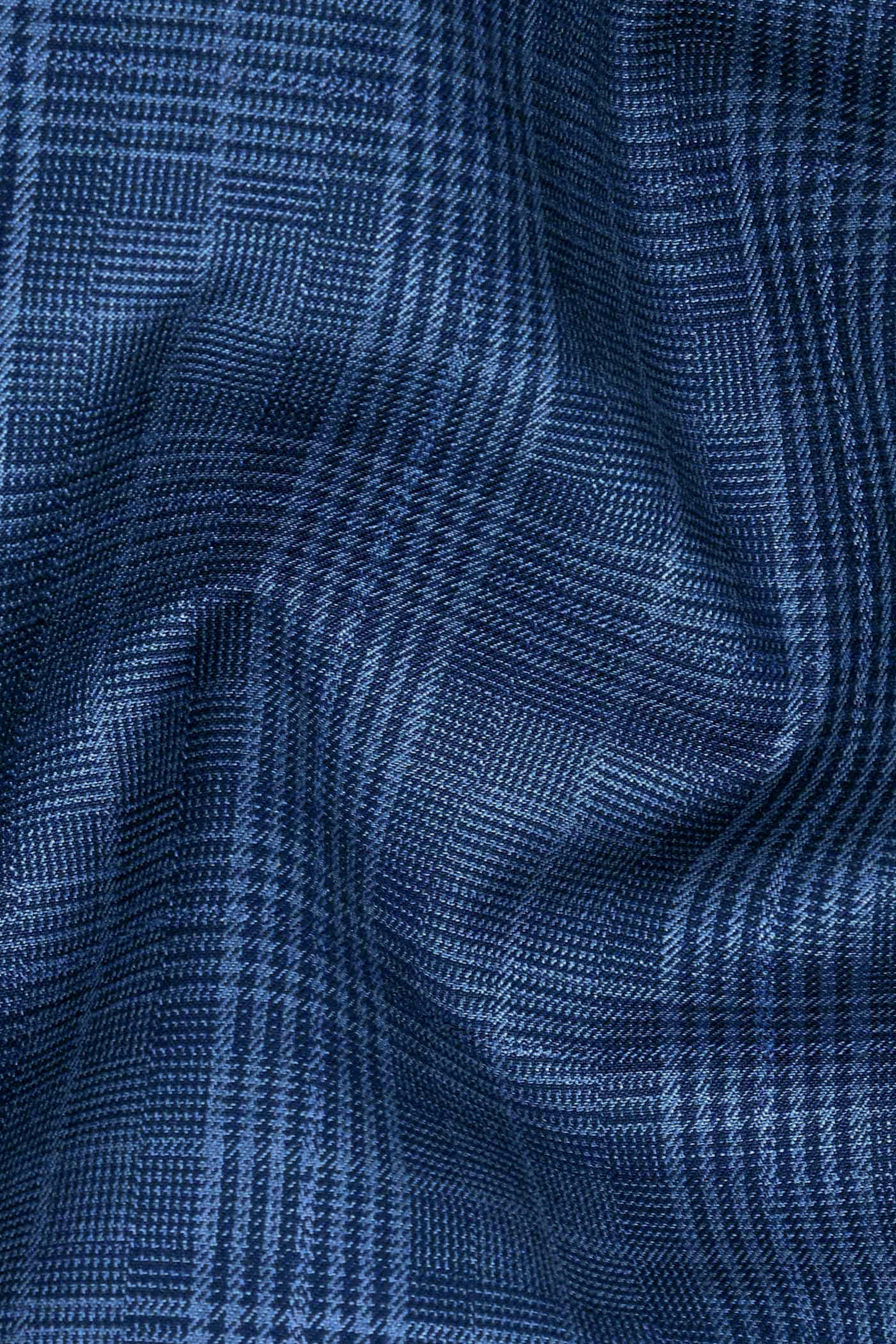 Mid Blue Plaid Wool Rich Bandhgala Suit