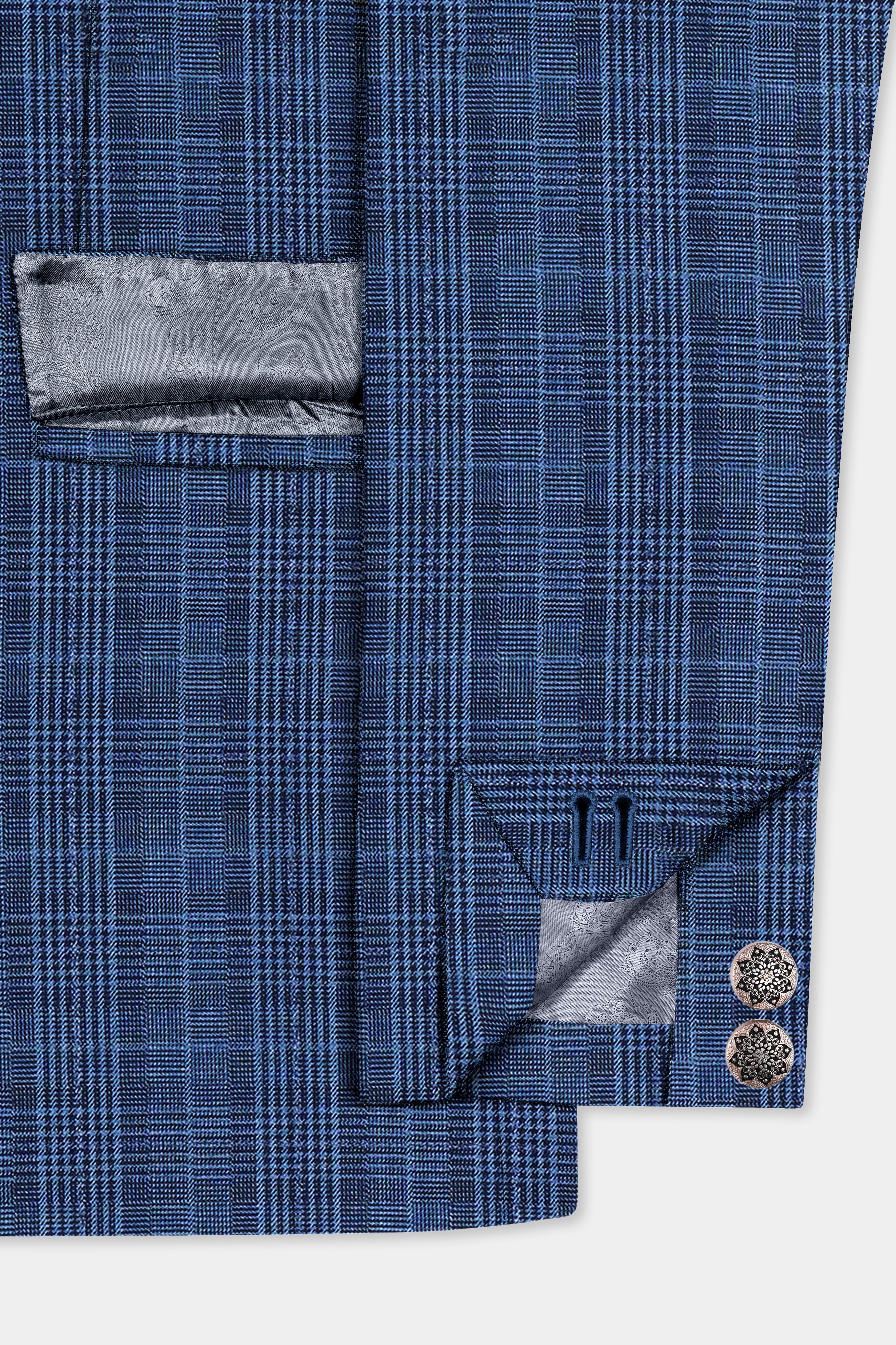 Mid Blue Plaid Wool Rich Bandhgala Suit