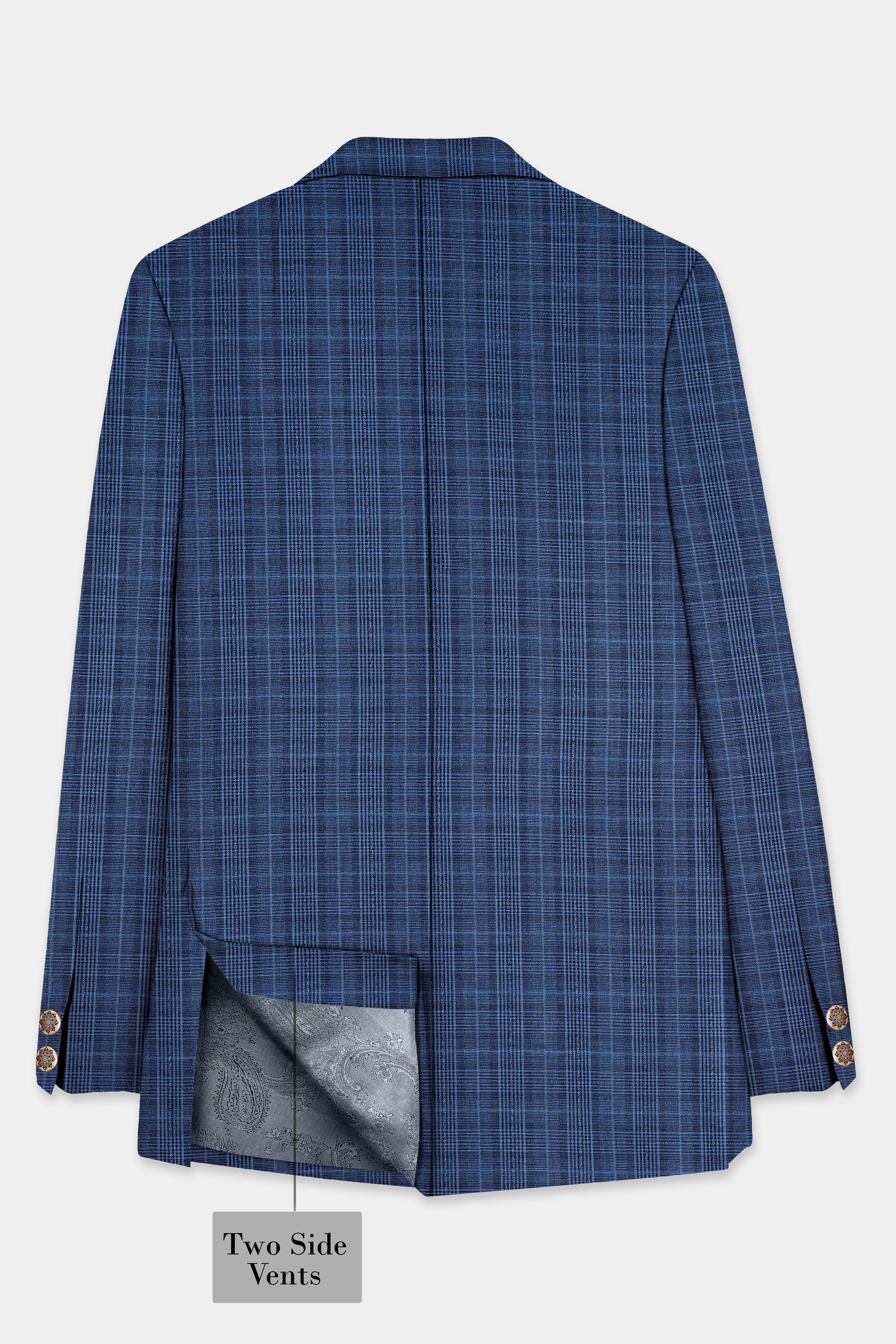 Mid Blue Plaid Wool Rich Bandhgala Suit