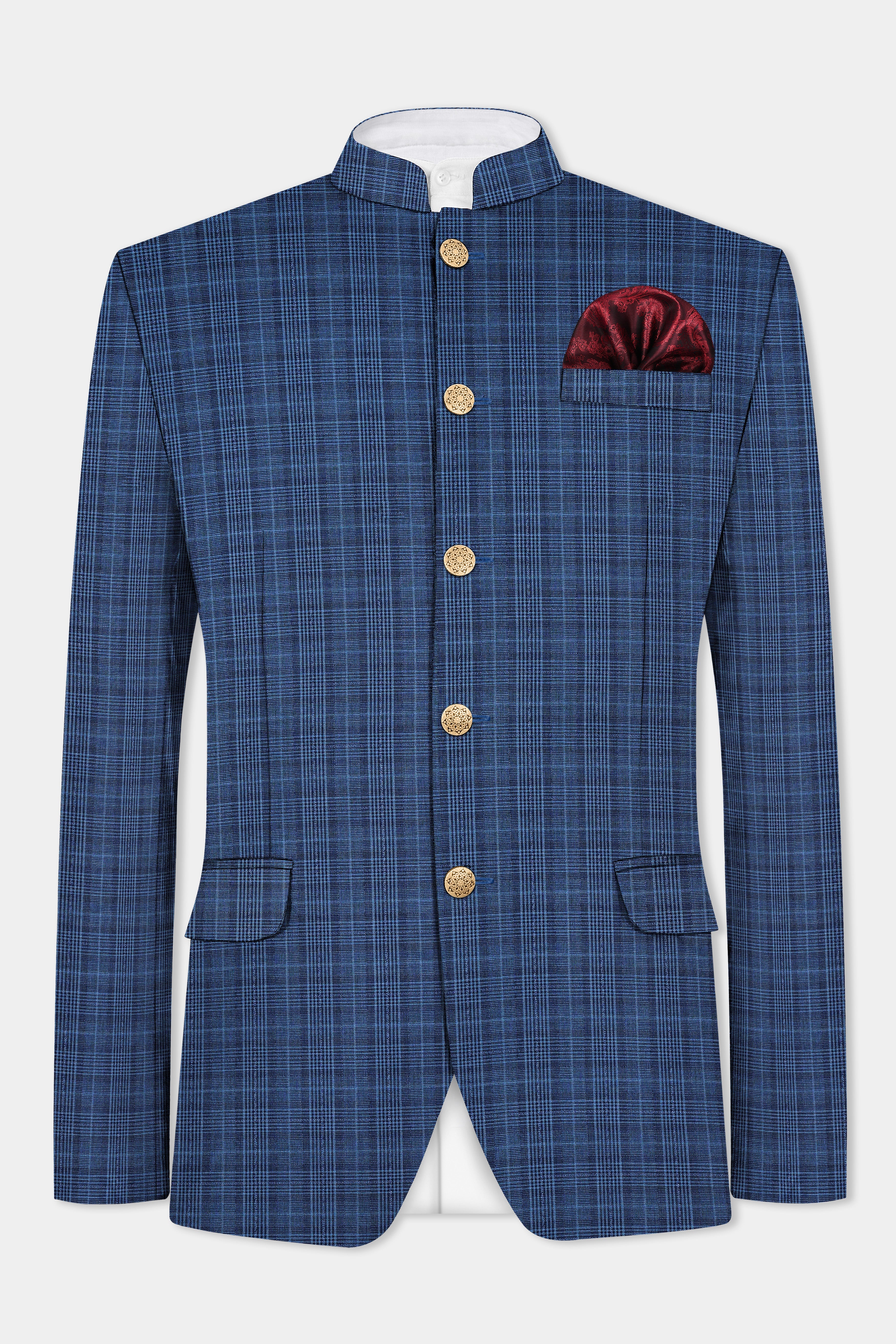 Mid Blue Plaid Wool Rich Bandhgala Suit