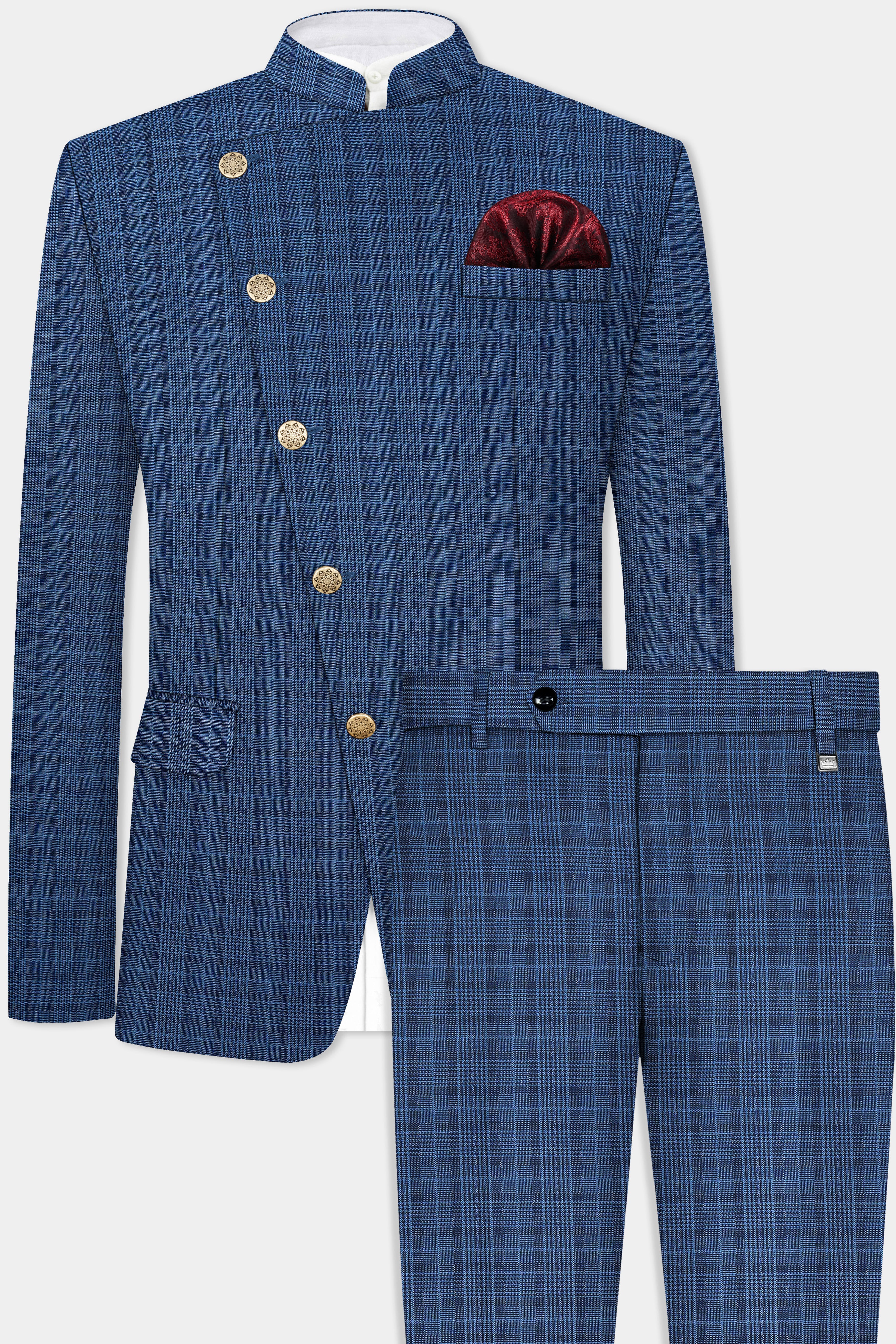 Mid Blue Plaid Wool Rich Cross Placket Bandhgala Suit