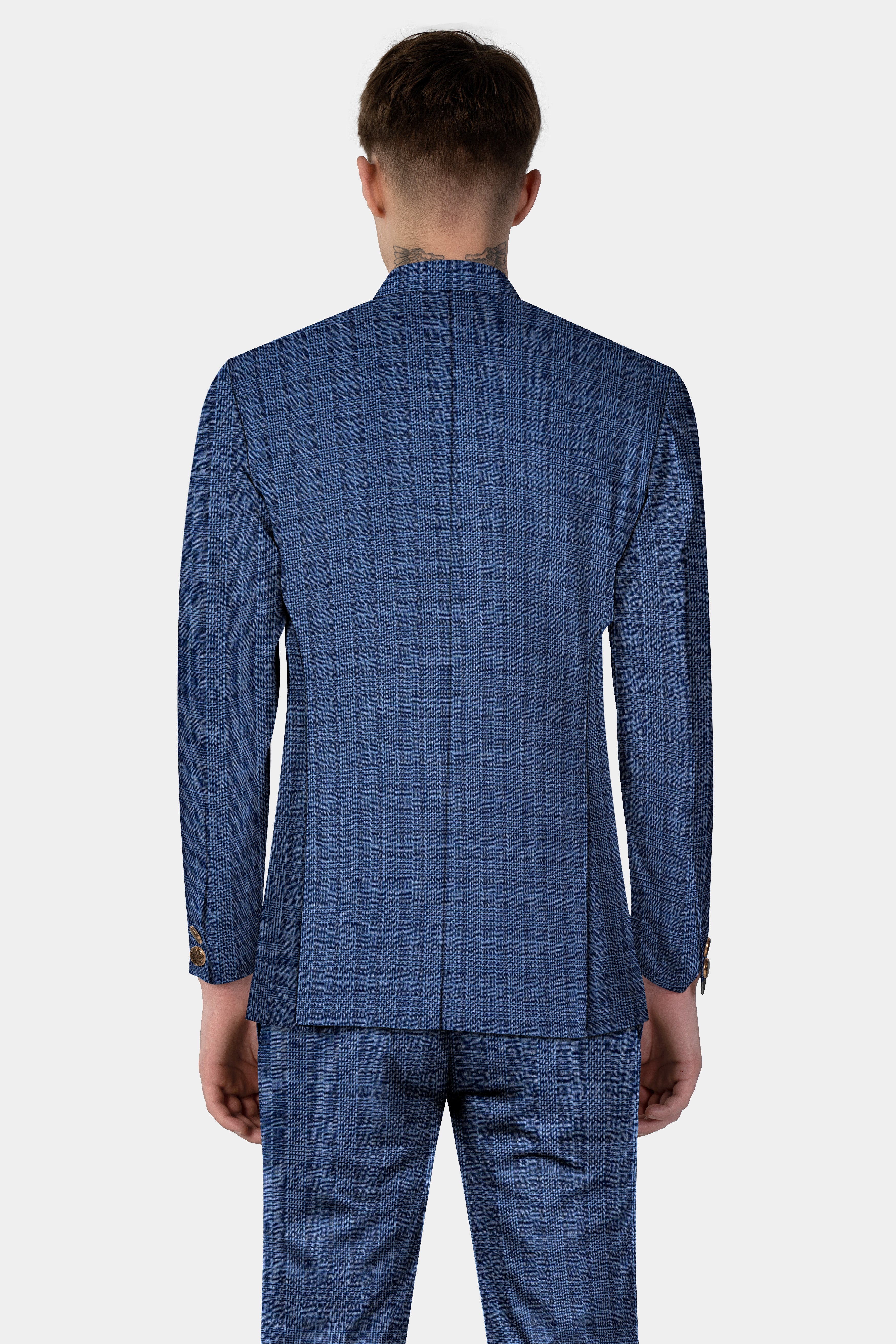 Mid Blue Plaid Wool Rich Cross Placket Bandhgala Suit