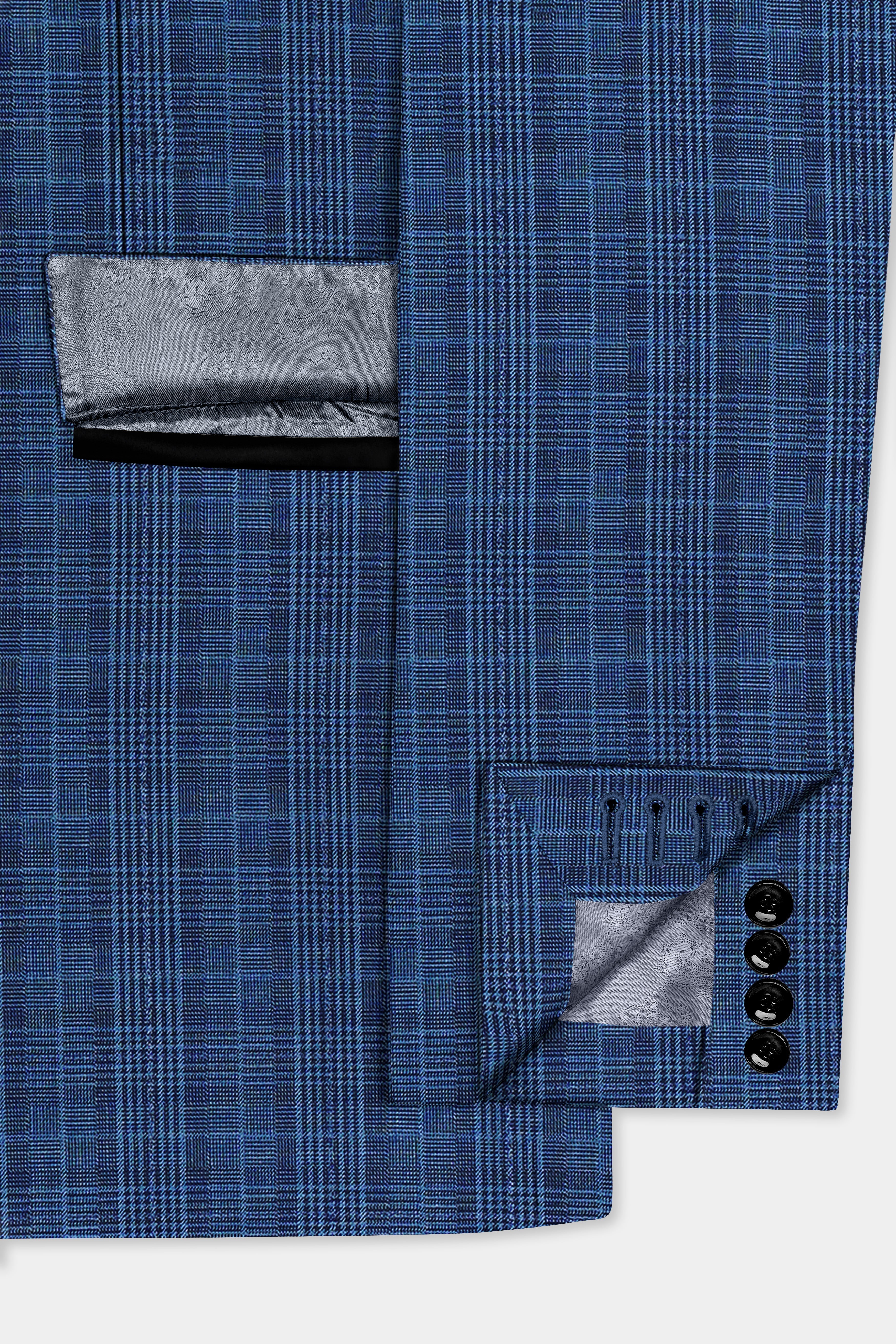 Mid Blue Plaid Wool Rich Peak Collar Tuxedo Suit