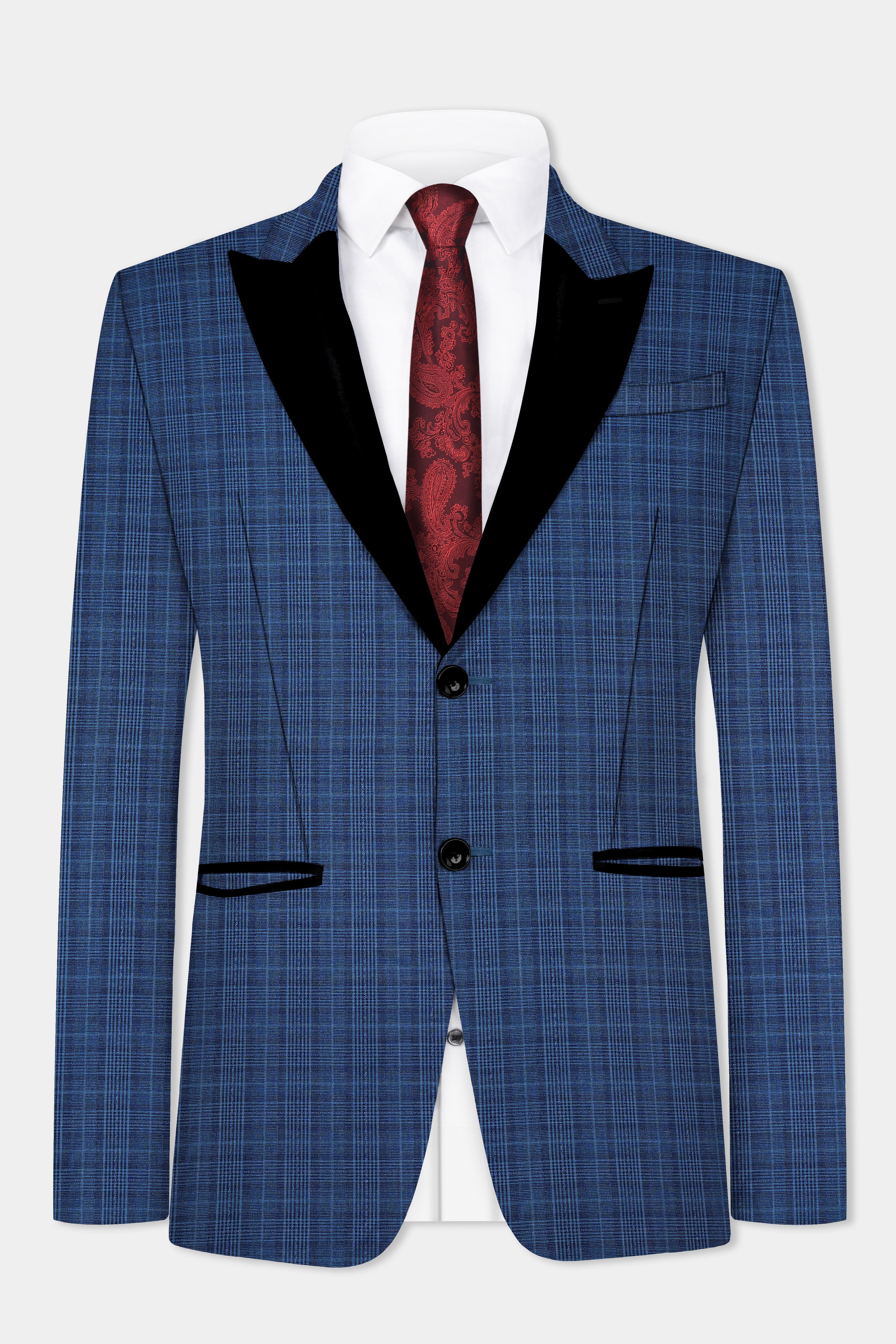 Mid Blue Plaid Wool Rich Peak Collar Tuxedo Suit