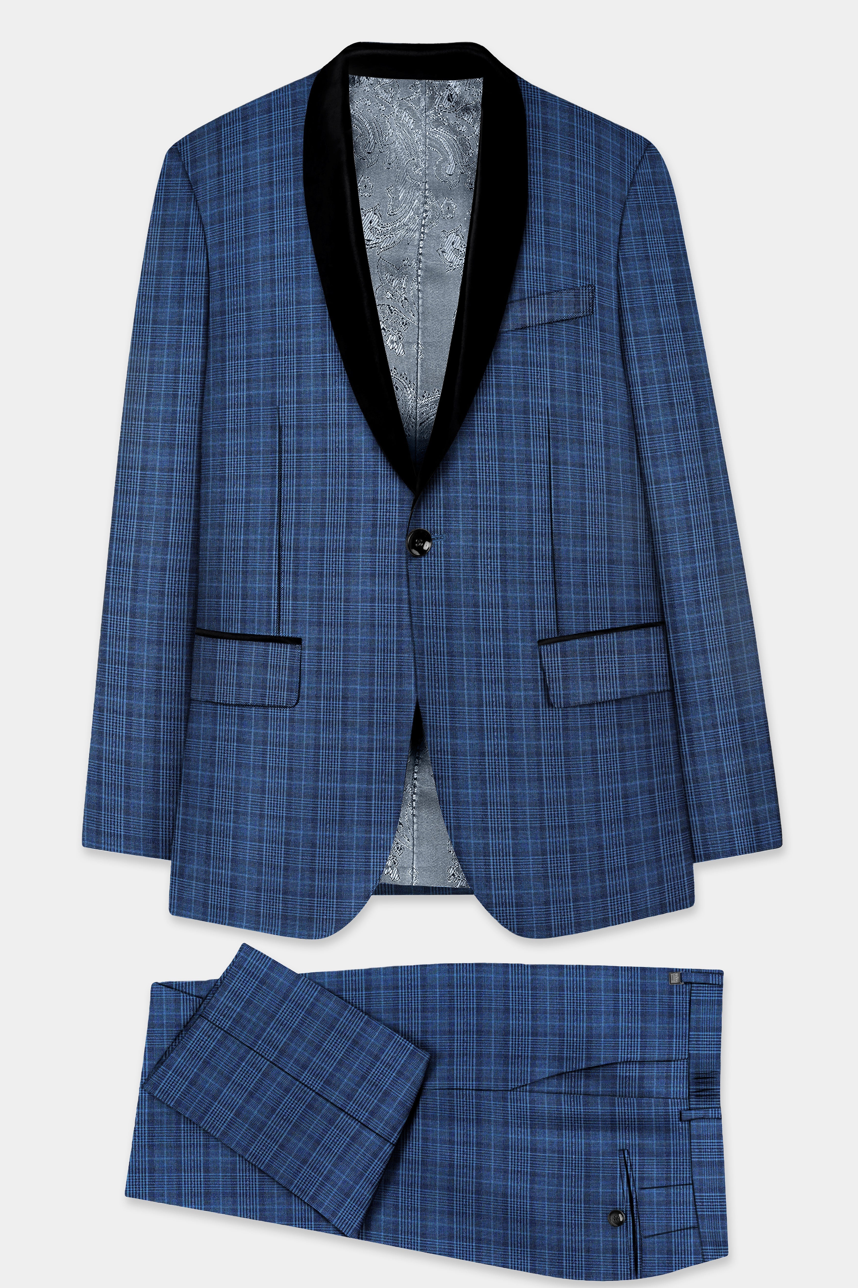 Mid Blue Plaid Wool Rich Tuxedo Suit