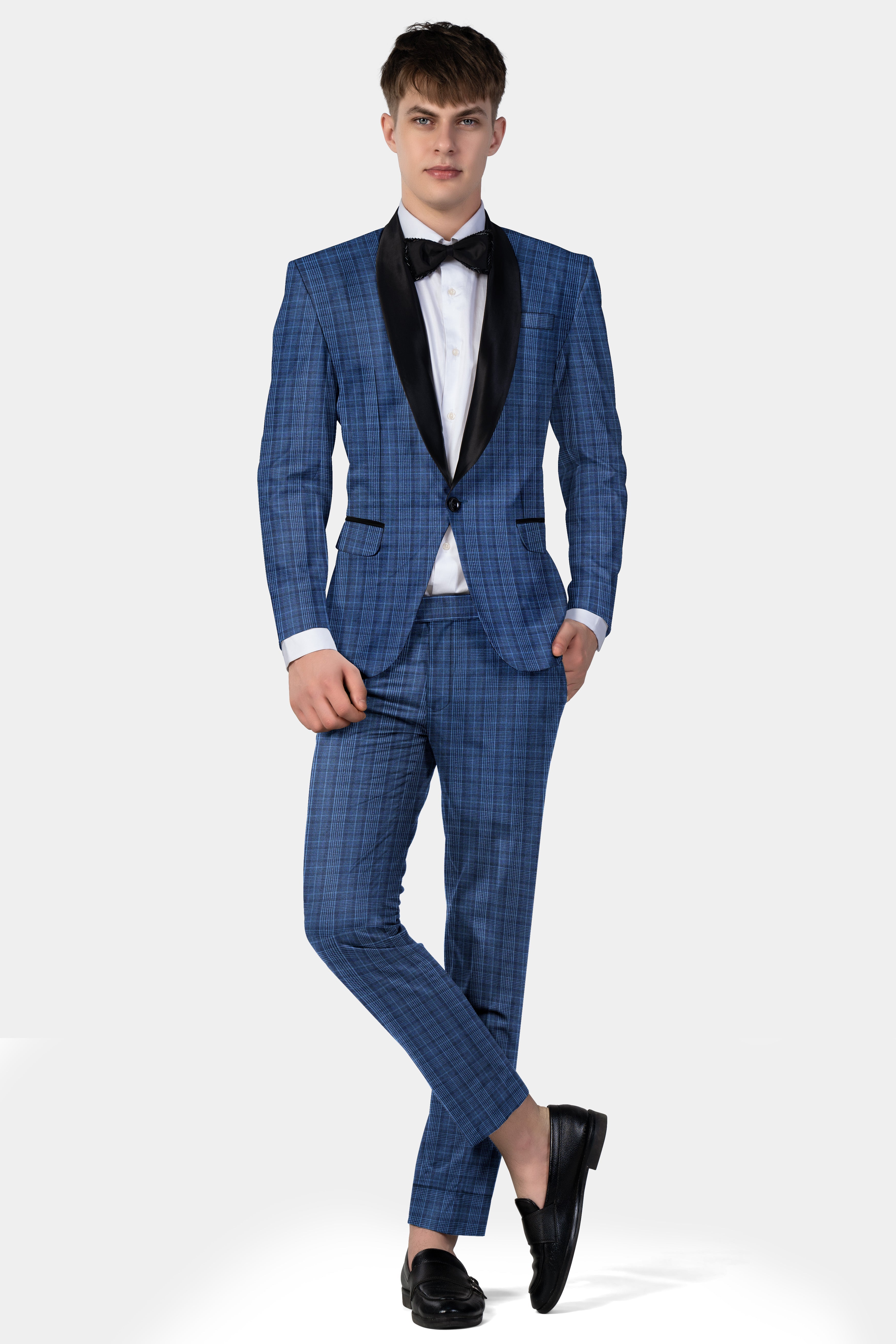 Mid Blue Plaid Wool Rich Tuxedo Suit