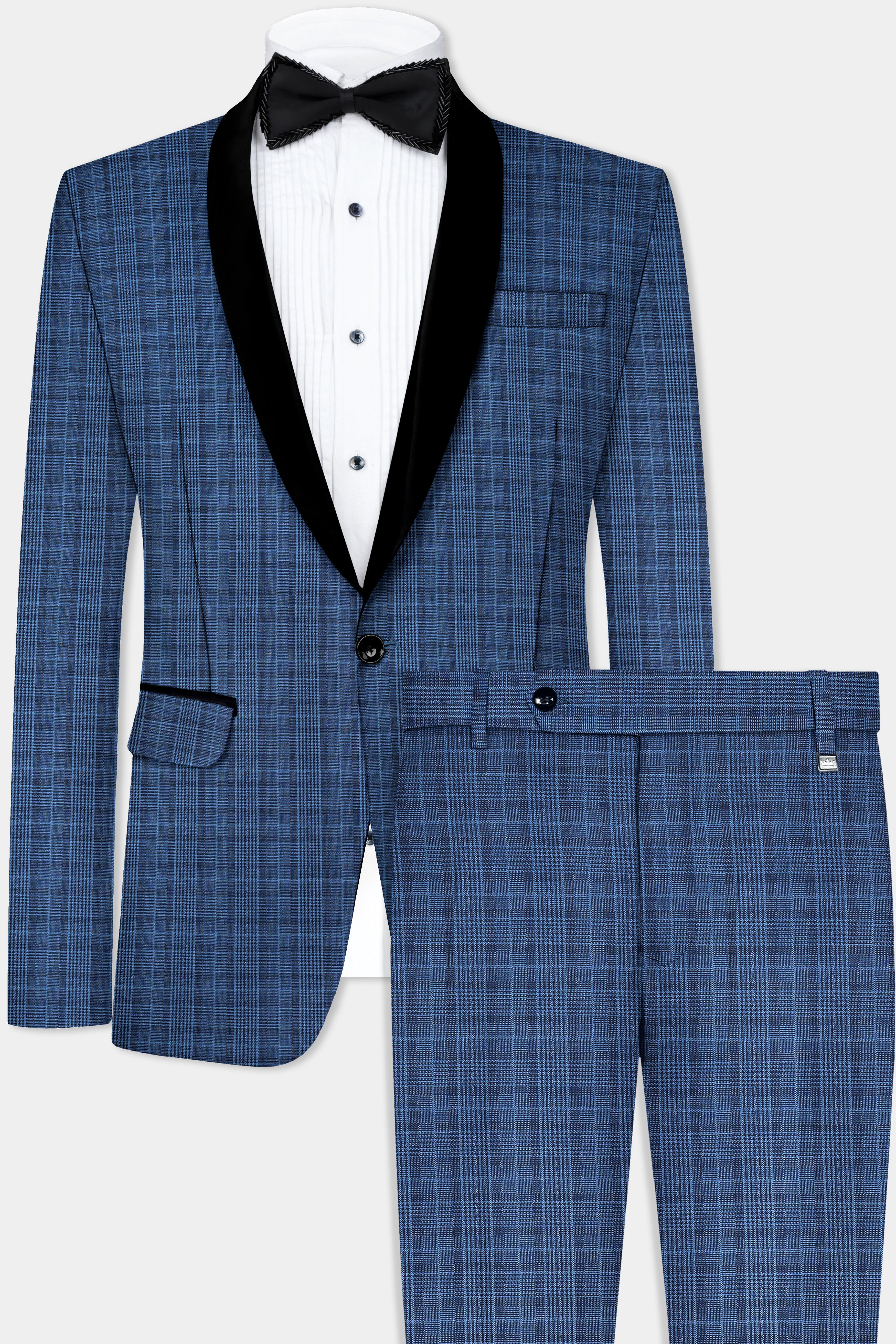 Mid Blue Plaid Wool Rich Tuxedo Suit