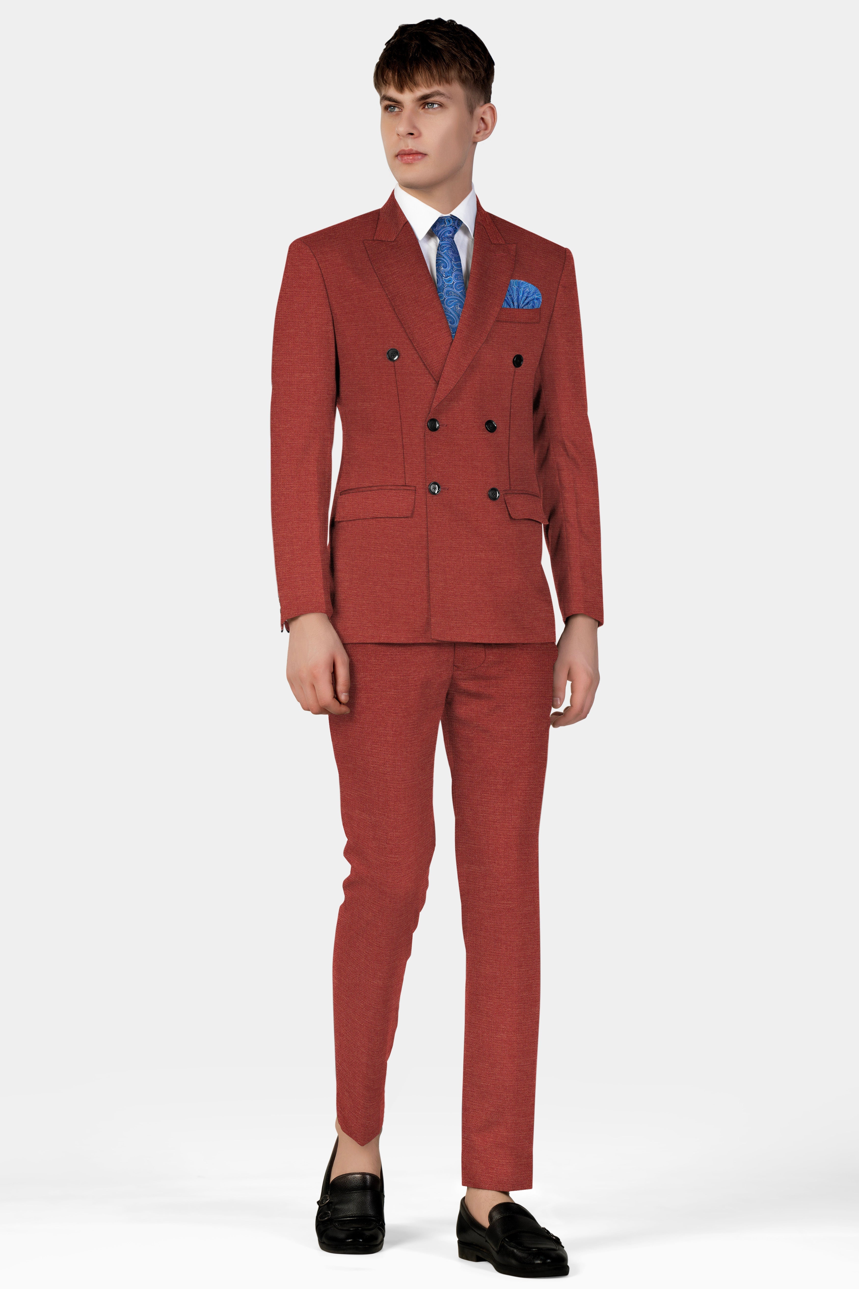 Brick Red Textured Double Breasted Suit